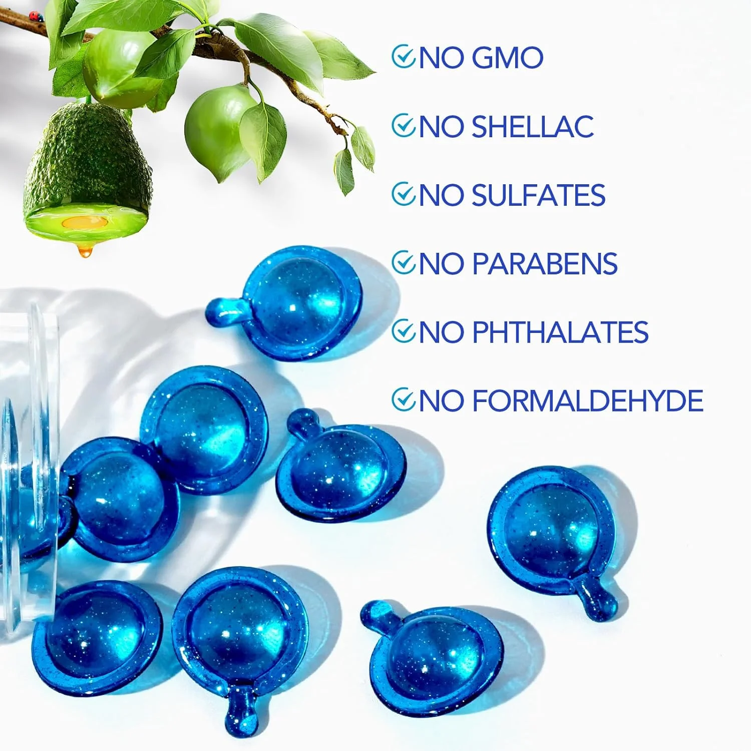 کپسول روغن ضروری مراقبت از مو، حاوی روغن آرگان و آووکادو، فرمول ترمیم کننده و مرطوب کننده، بدون نیاز به آبکشی، مناسب برای همه، کپسول ها موها را سالم تر، نرم تر و درخشان تر می کنند، 40 عدد (آبی)