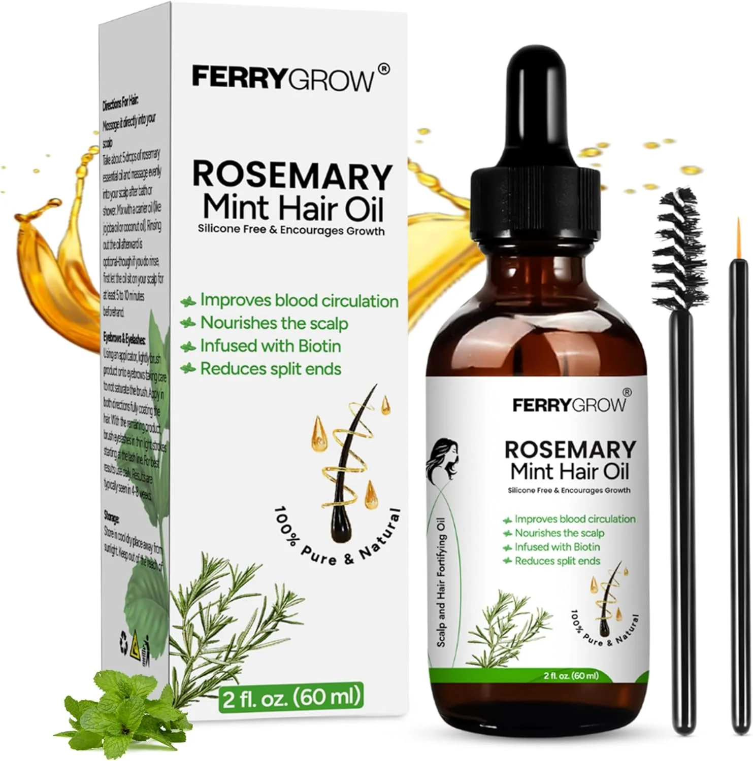 روغن مو و پوست سر رزماری نعناع ۶۰ میلی لیتر | روغن رشد مو رزماری با بیوتین برای موهای ضخیم تر و قوی تر | روغن رزماری و روغن مغذی برای موهای آسیب دیده و درخشش سالم