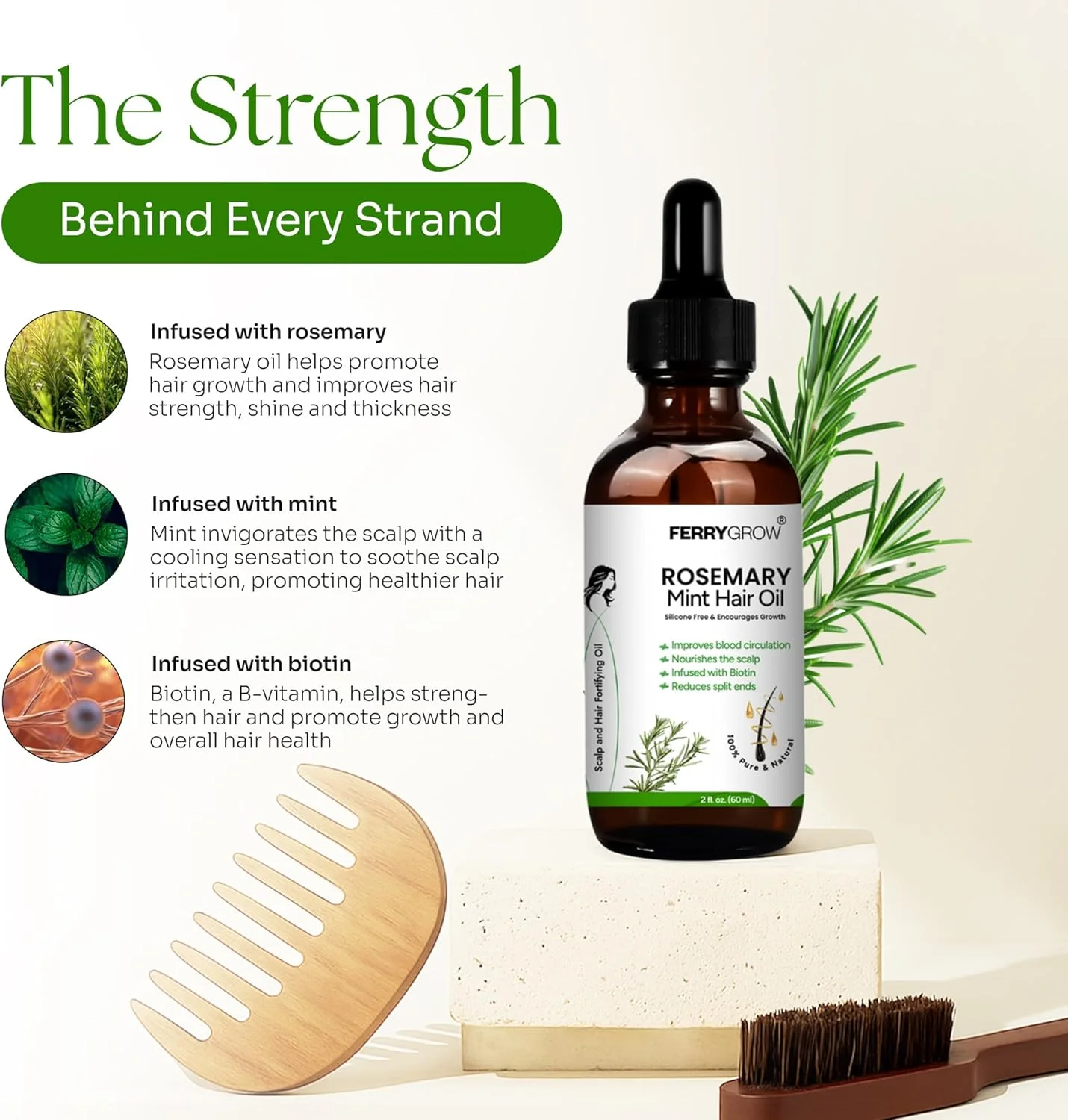 روغن مو و پوست سر رزماری نعناع ۶۰ میلی لیتر | روغن رشد مو رزماری با بیوتین برای موهای ضخیم تر و قوی تر | روغن رزماری و روغن مغذی برای موهای آسیب دیده و درخشش سالم