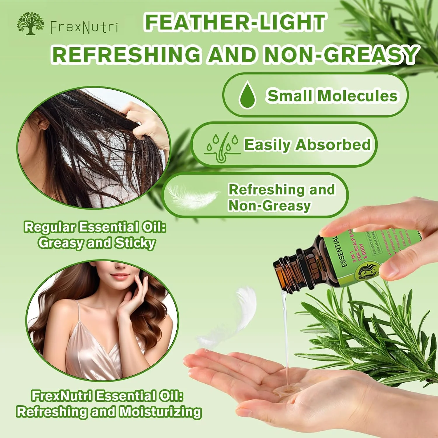 روغن رزماری FrexNutri برای رشد مو - غلیظ، 2 عدد، غیر چرب، مغذی و تقویت کننده روغن ضروری ارگانیک با رایحه طبیعی رزماری، تقویت کننده موهای سالم تر و پرپشت تر