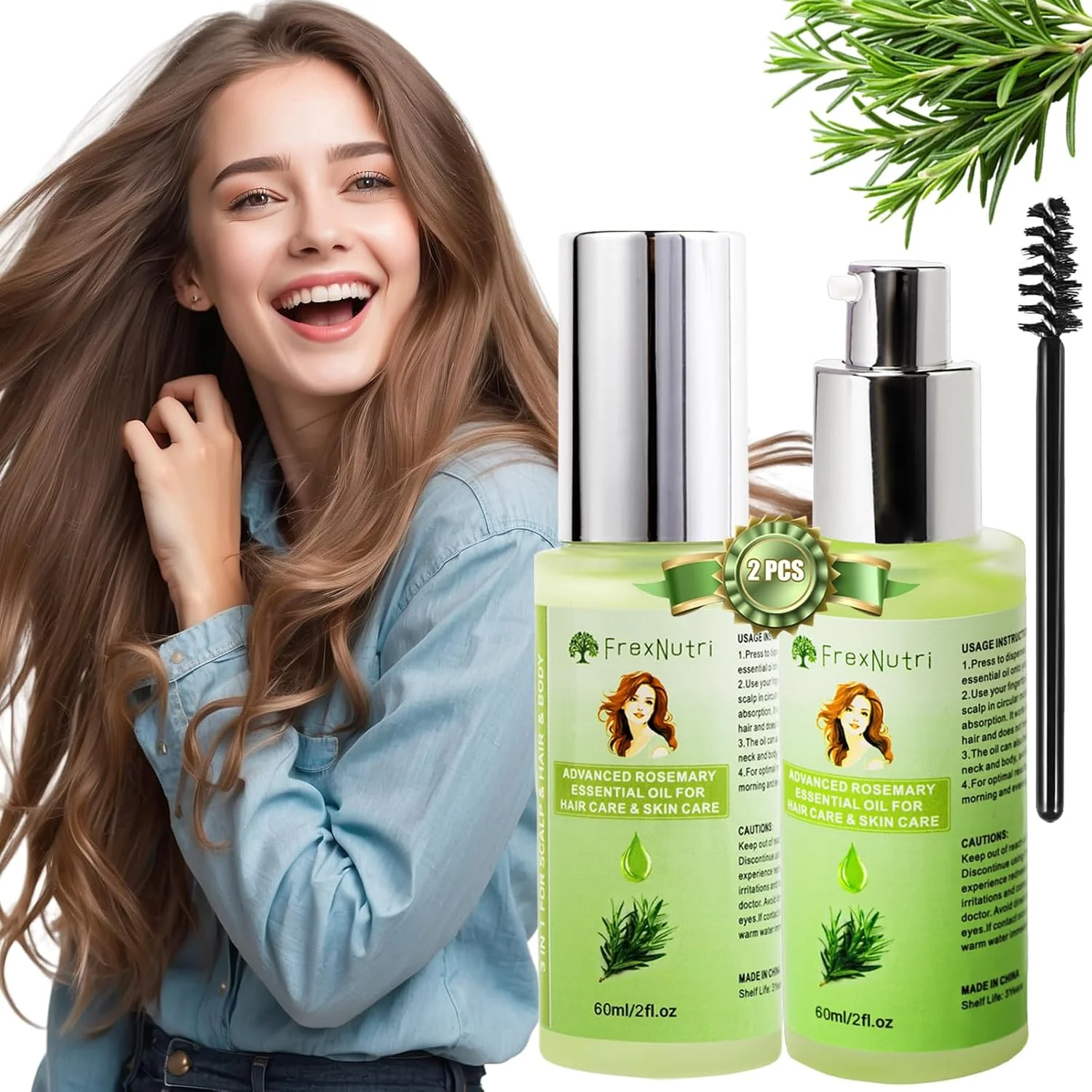 روغن رزماری ممتاز برای رشد مو، تغذیه و تقویت کننده با پخش کننده دقیق، روغن رزماری ارگانیک - غیر چرب 2 عددی (60 میلی لیتر x 2)، رایحه طبیعی و قوی