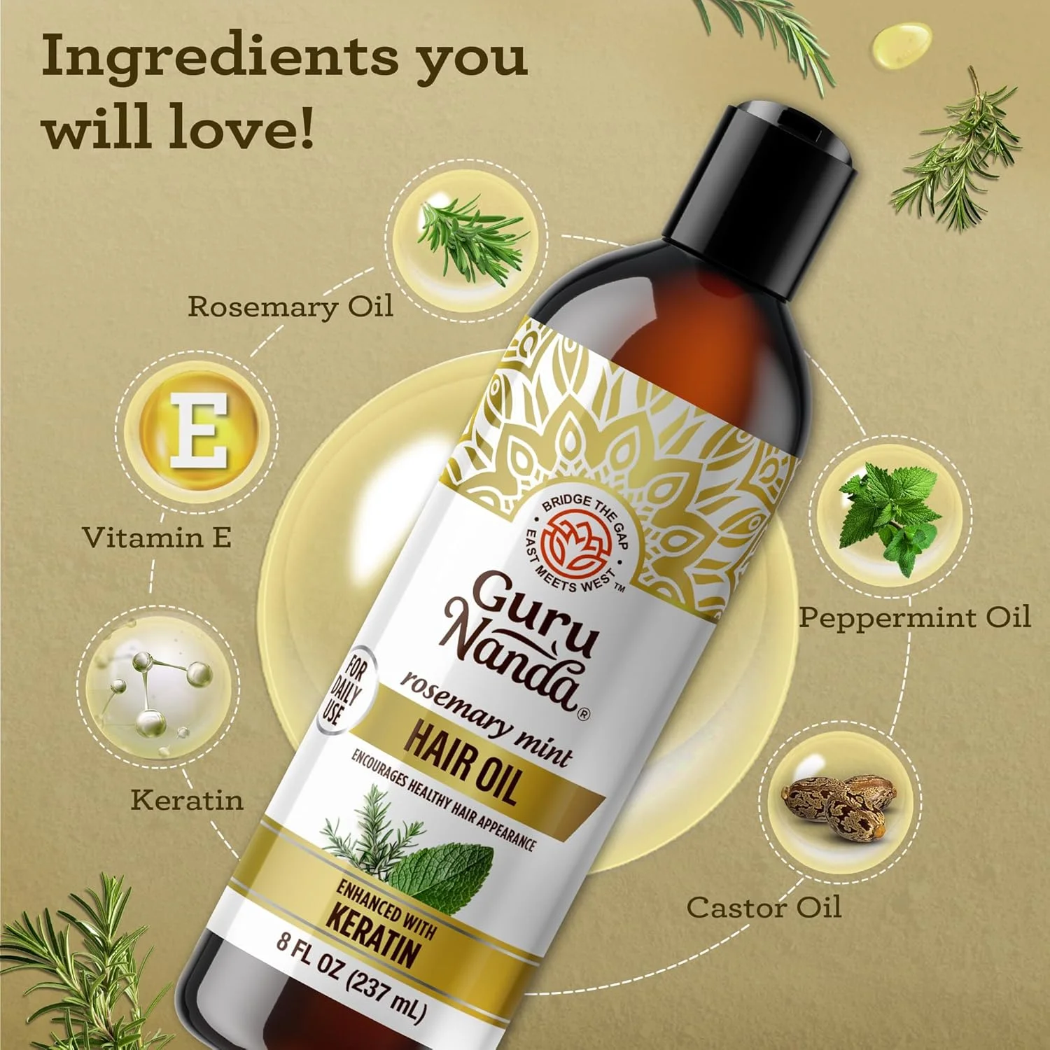 روغن رزماری نعناع GuruNanda برای رشد مو با کراتین و ویتامین E - تقویت کننده پوست سر، درخشش و استحکام مو - 100% طبیعی و بدون تست حیوانی، ۲۳۶ میلی لیتر