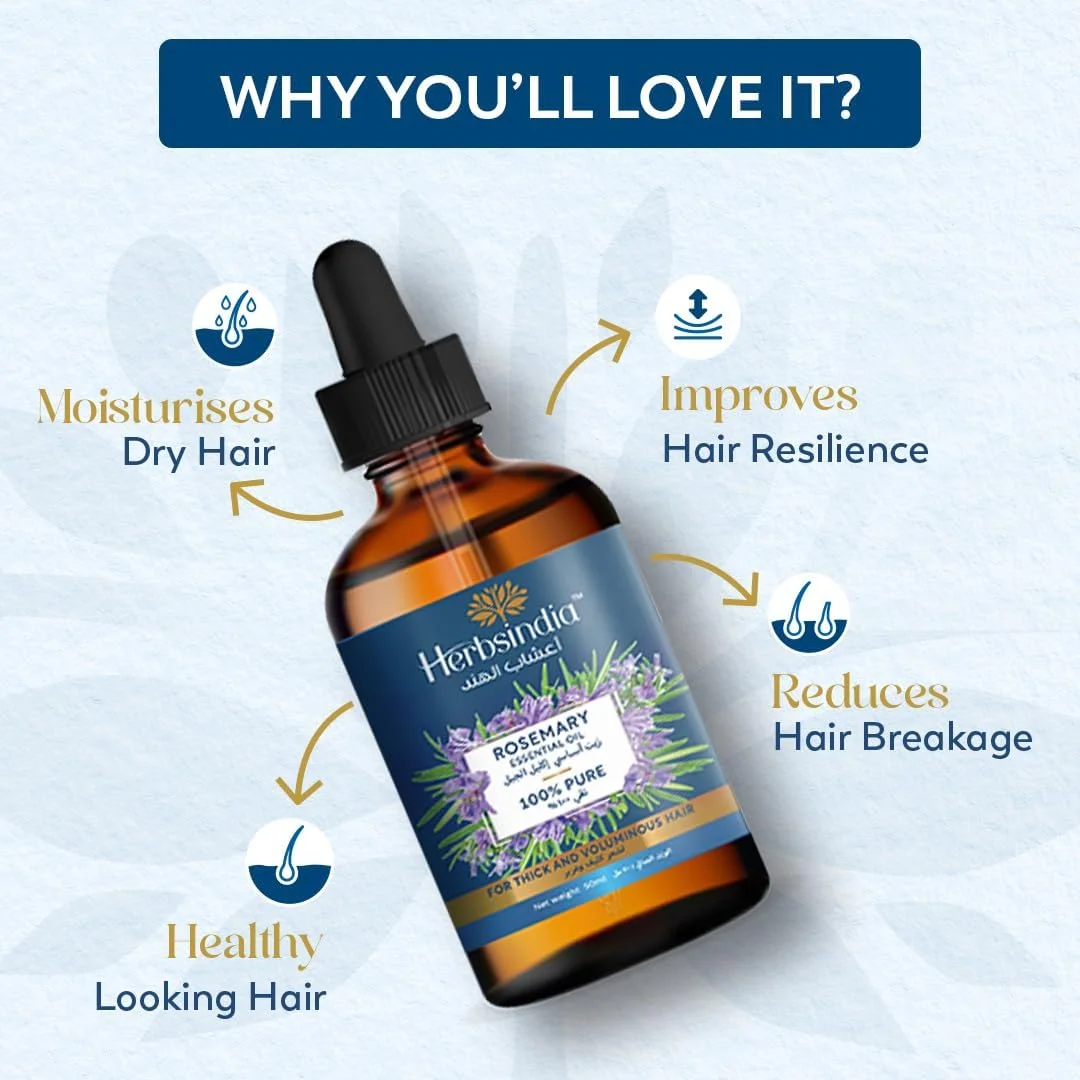 روغن رزماری خالص هربز ایندیا برای رشد مو - ۱۰۰٪ خالص و ارگانیک، روغن رشد مو با اپلیکاتور برای ریزش مو و رشد مجدد، ۵۰ میلی لیتر