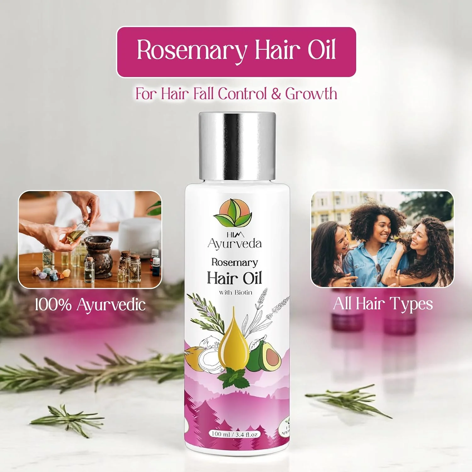 روغن مو رزماری هیم آیروودا | روغن رشد مو 100% آیورودا برای آقایان و بانوان | بهترین کنترل ریزش مو و تغذیه پوست سر | تقویت و ضخیم کننده مو | فاقد SLS و پارابن | 100 میلی لیتر