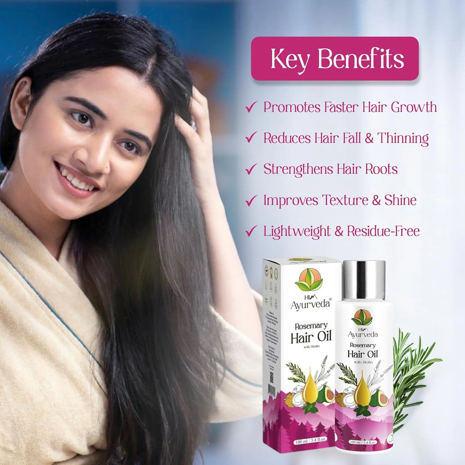 روغن مو رزماری هیم آیروودا | روغن رشد مو 100% آیورودا برای آقایان و بانوان | بهترین کنترل ریزش مو و تغذیه پوست سر | تقویت و ضخیم کننده مو | فاقد SLS و پارابن | 100 میلی لیتر