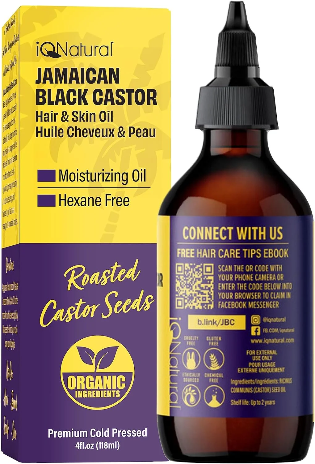 روغن کرچک سیاه جامائیکایی IQNATURAL برای رشد مو و نرم کننده پوست [معمولی] - 100% پرس سرد 120 میلی لیتر توسط IQ