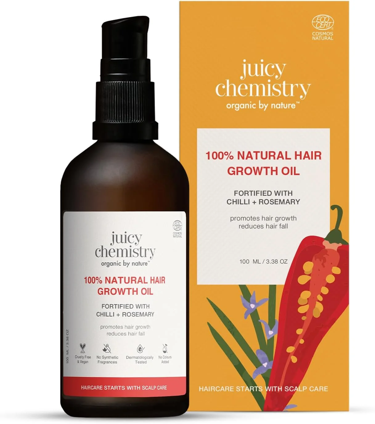 روغن مو فلفل، دم اسب و دانه سیاه Juicy Chemistry، ۱۰۰ میلی لیتر | غنی شده با روغن رزماری و روغن کالونجی برای کنترل ریزش مو | دارای مسدود کننده های طبیعی DHT برای مردان و زنان | برای موهای سالم