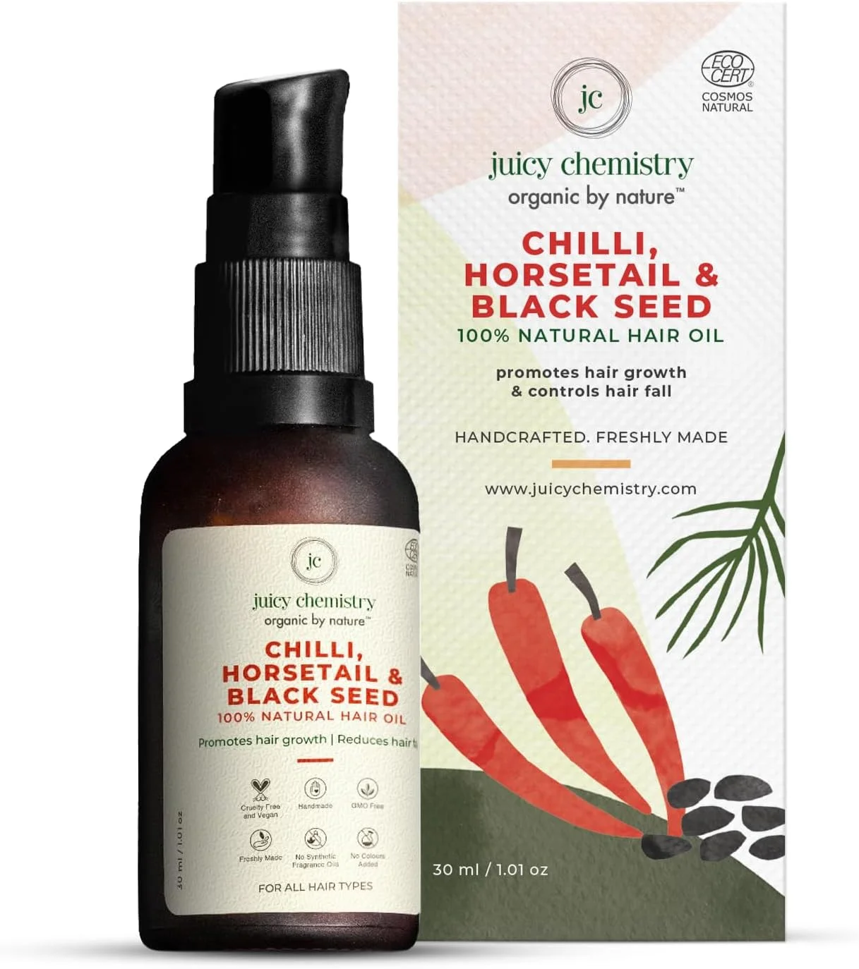 روغن تقویت کننده مو فلفل، دم اسب و دانه سیاه Juicy Chemistry، 30 میلی لیتر | غنی شده با رزماری و کالونجی برای کنترل ریزش مو | روغن تقویت کننده مو با ترکیبات طبیعی برای آقایان و بانوان