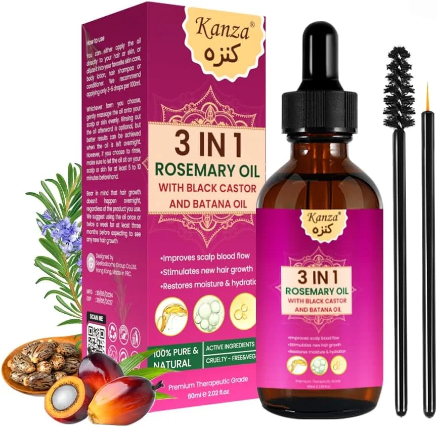 روغن رزماری 3 در 1 کانزا با روغن کرچک سیاه و روغن باتانا 60 میلی لیتر، روغن موی پرس سرد ارگانیک 100% طبیعی برای رشد مو، مژه و ابرو، درمان خشکی پوست سر، روغن مرطوب کننده و آبرسان مو