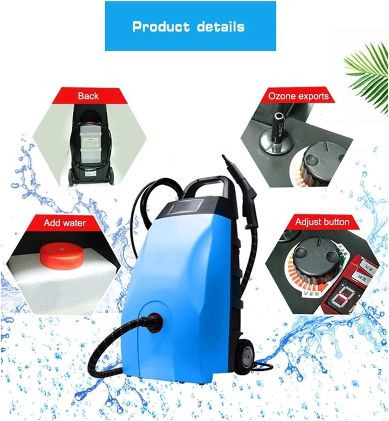 بخارشوی صنعتی 2800 وات با فشار بالا و ژنراتور اوزون 1000 میلی گرم در ساعت، دستگاه تمیز کننده حرفه ای متحرک برای کف، فرش و پنجره