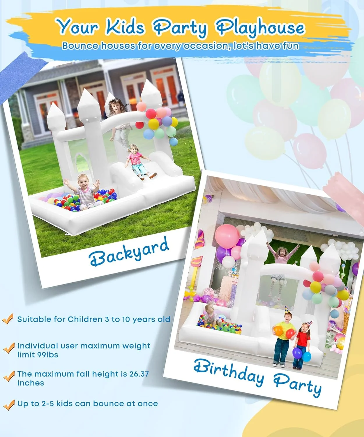 قلعه بادی سفید NBSPORT به همراه دمنده، 2.7x2.7x2.1 متر، قلعه بادی با استخر توپ و سرسره، جامپر کوچک، سرگرمی برای جشن تولد کودکان قلعه بادی سفید NBSPORT به همراه دمنده، 2.7x2.7x2.1 متر، قلعه بادی با استخر توپ و سرسره، جامپر کوچک، سرگرمی برای جشن تولد کودکان