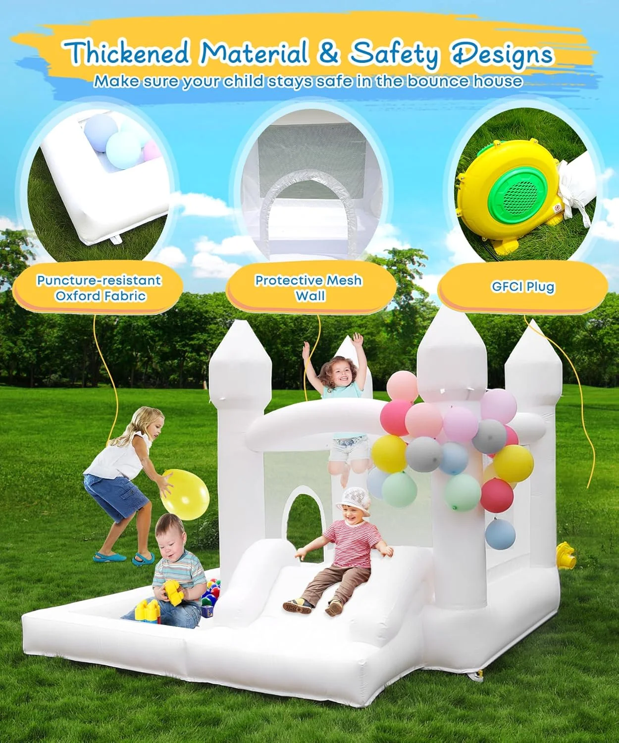 قلعه بادی سفید NBSPORT به همراه دمنده، 2.7x2.7x2.1 متر، قلعه بادی با استخر توپ و سرسره، جامپر کوچک، سرگرمی برای جشن تولد کودکان قلعه بادی سفید NBSPORT به همراه دمنده، 2.7x2.7x2.1 متر، قلعه بادی با استخر توپ و سرسره، جامپر کوچک، سرگرمی برای جشن تولد کودکان