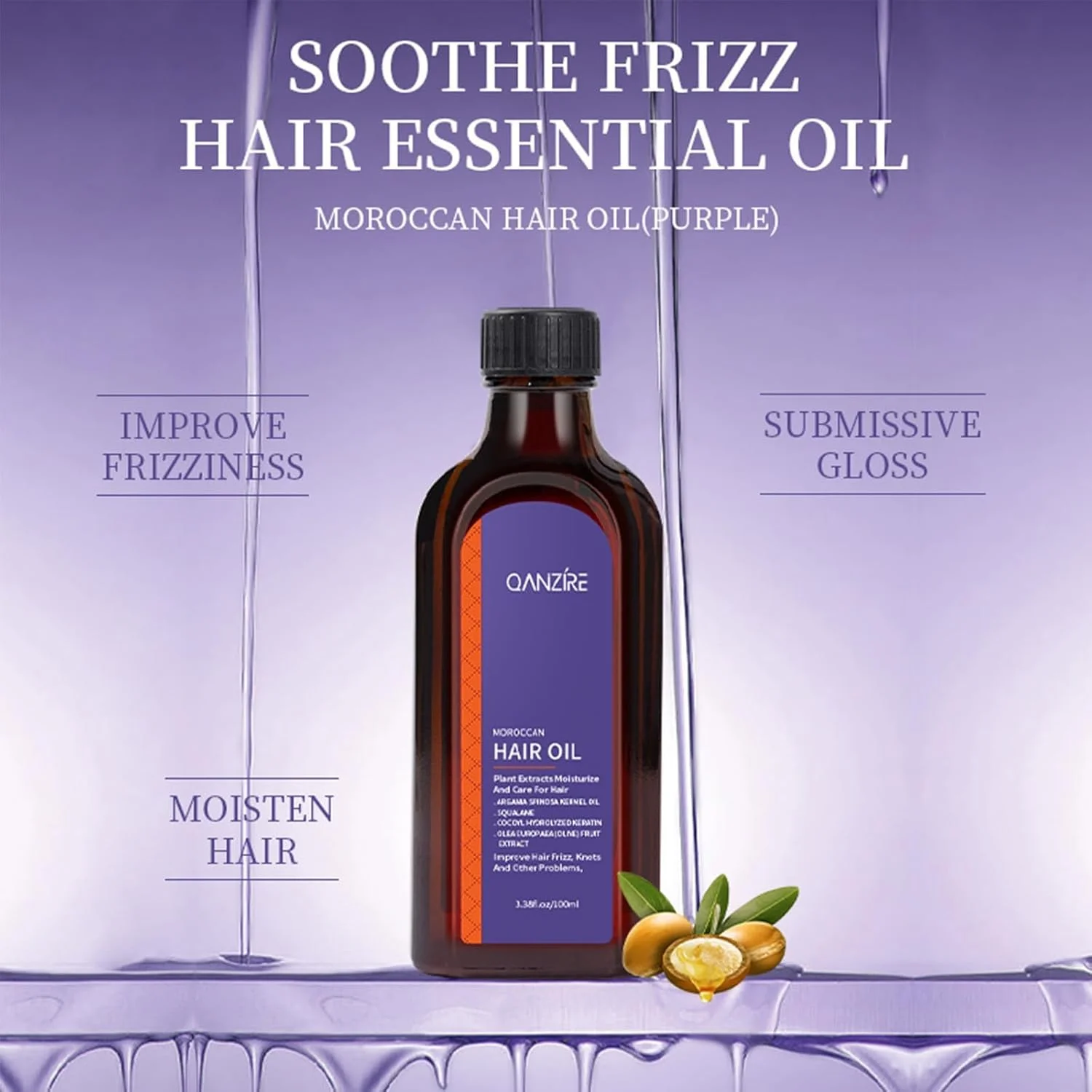 روغن آرگان مراکشی مو، روغن ضروری مو بنفش، نرم کننده و درخشان کننده مو، مرطوب کننده عمیق، کنترل وز، ترمیم موخوره برای موهای خشک و آسیب دیده، روغن درمانی مو برای موهای خشک و وز