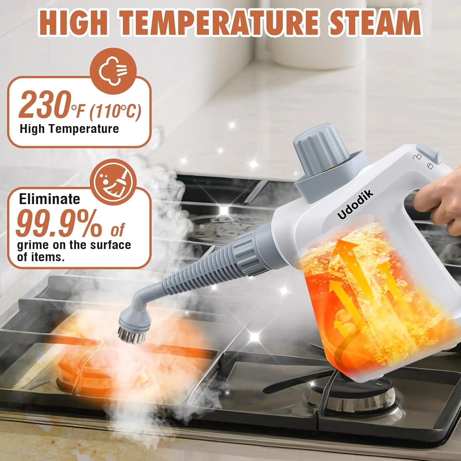 بخارشوی دستی برای منزل، بخارشو برای تمیزکاری، بخارشوی چند منظوره قابل حمل با قفل ایمنی و 10 ابزار جانبی برای از بین بردن جرم، چربی و موارد دیگر (سفید)