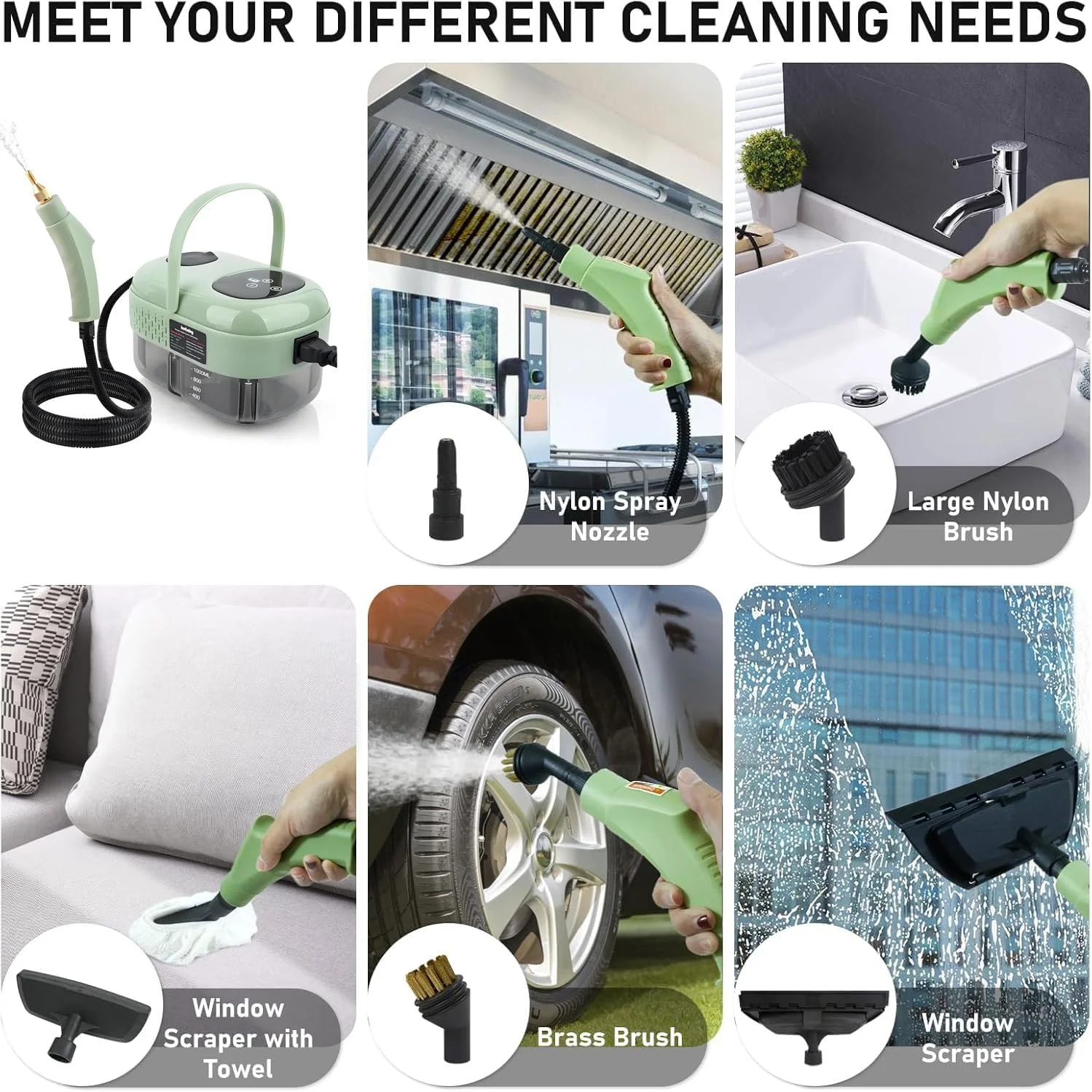 بخارشوی دستی HELEE، بخارشوی چند منظوره فشار قوی، 2500 وات | 1000 میلی لیتر، گرم شدن سریع 10 ثانیه ای با 6 حالت قابل تنظیم، دارای برس، شیشه پاک کن، برای خودرو، آشپزخانه، مبلمان و کاشی (سبز) بخارشوی دستی HELEE، بخارشوی چند منظوره فشار قوی، 2500 وات | 1000 میلی لیتر، گرم شدن سریع 10 ثانیه ای با 6 حالت قابل تنظیم، دارای برس، شیشه پاک کن، برای خودرو، آشپزخانه، مبلمان و کاشی (سبز)