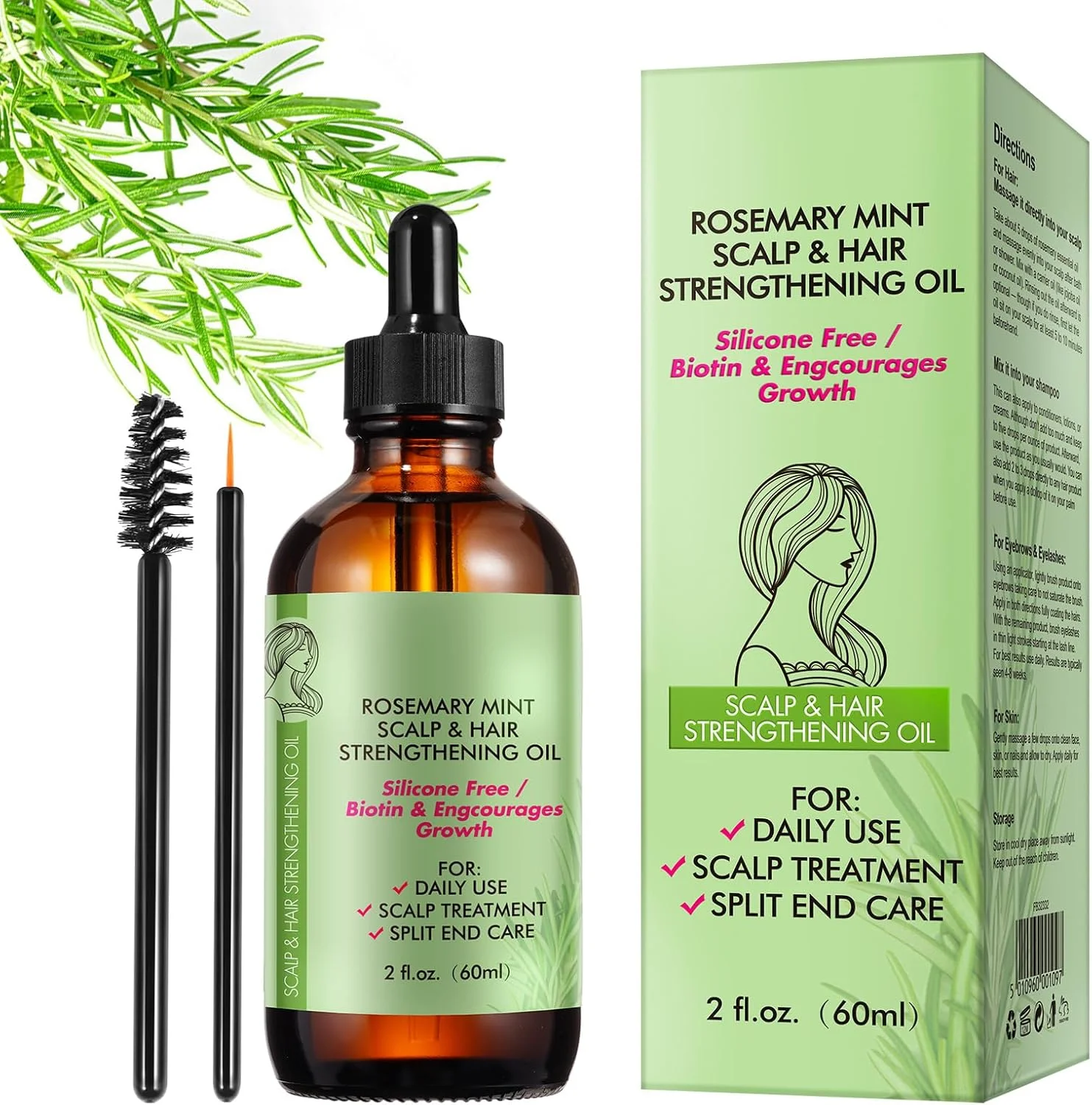 روغن رزماری (60 میلی لیتر)، روغن رزماری برای رشد مو و مراقبت از پوست، صورت، درمان خشکی پوست سر، سرم رشد مو برای موهای ضخیم تر، بلندتر، پرپشت تر و سالم تر، روغن موی طبیعی و ارگانیک