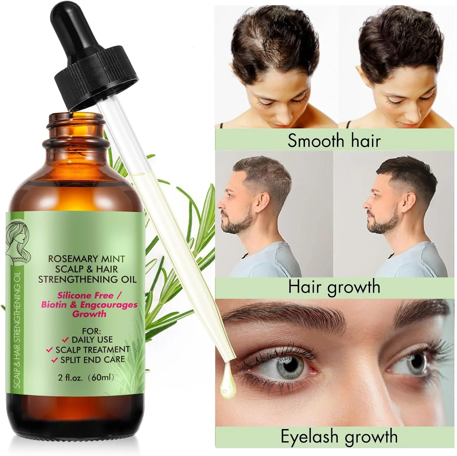 روغن رزماری (60 میلی لیتر)، روغن رزماری برای رشد مو و مراقبت از پوست، صورت، درمان خشکی پوست سر، سرم رشد مو برای موهای ضخیم تر، بلندتر، پرپشت تر و سالم تر، روغن موی طبیعی و ارگانیک