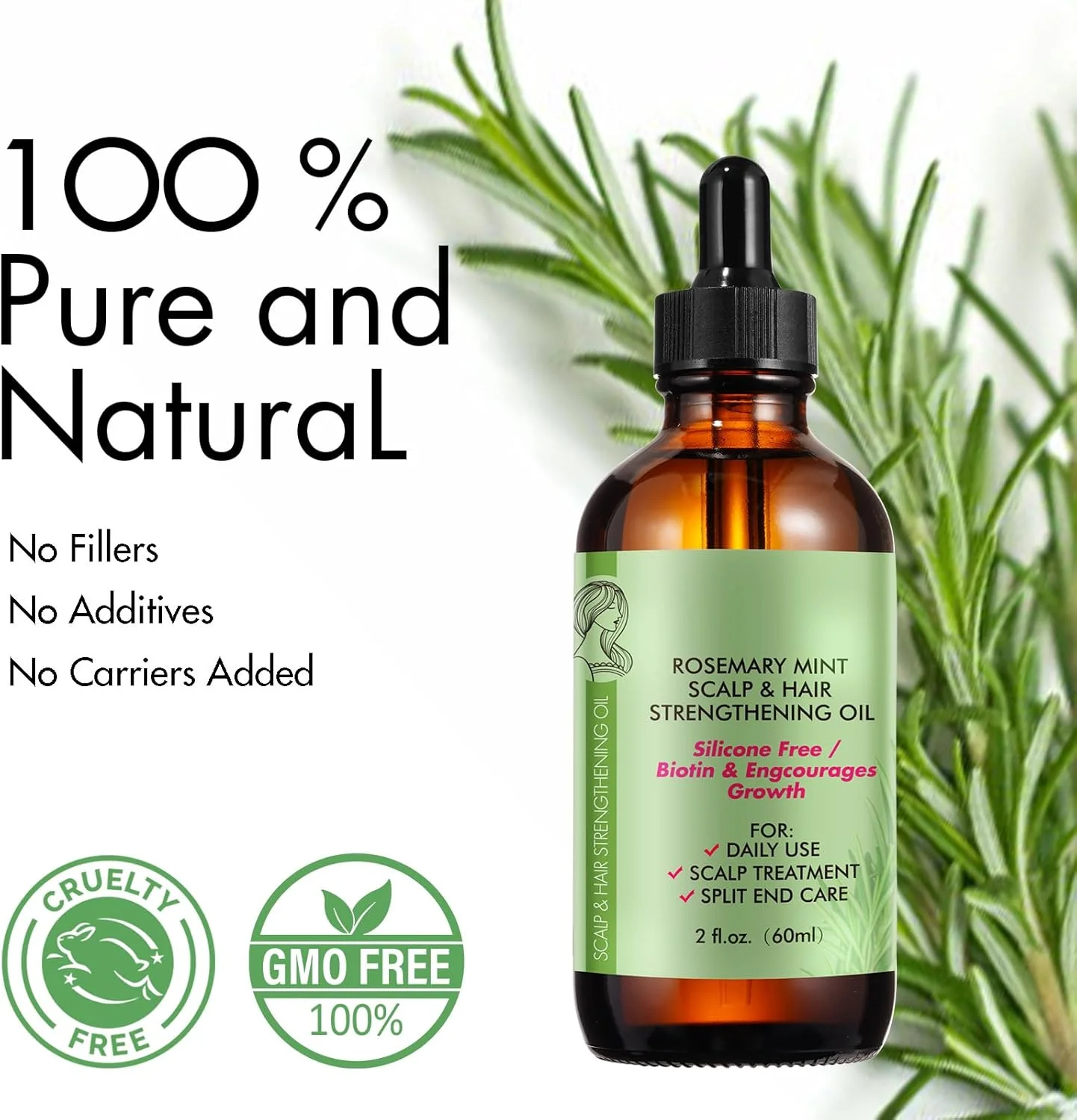 روغن رزماری (60 میلی لیتر)، روغن رزماری برای رشد مو و مراقبت از پوست، صورت، درمان خشکی پوست سر، سرم رشد مو برای موهای ضخیم تر، بلندتر، پرپشت تر و سالم تر، روغن موی طبیعی و ارگانیک