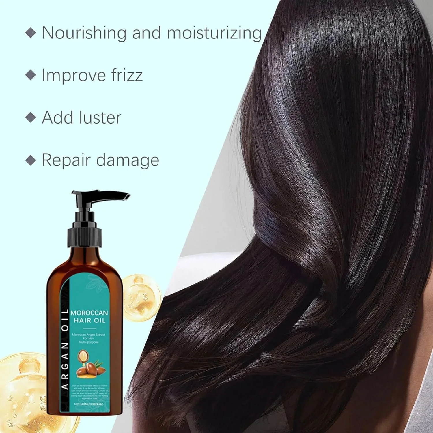 روغن آرگان مراکشی برای مو - درخشش را باز می گرداند، موخوره را ترمیم می کند، با وز شدن مو مبارزه می کند، فرمول عمیقا مرطوب کننده برای موهای ابریشمی و صاف، ایده آل برای حالت دادن و حفظ سلامت روزانه مو