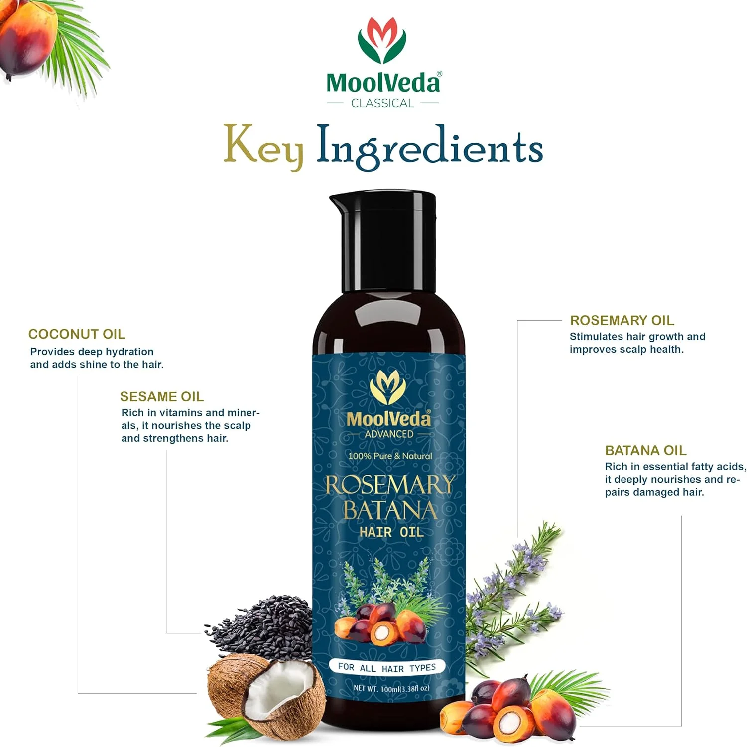 روغن رزماری باتانا خالص برای رشد مو، تهیه شده از هندوراس | تقویت کننده، براق کننده، قوی کننده و سالم کننده مو، 100 میلی لیتر