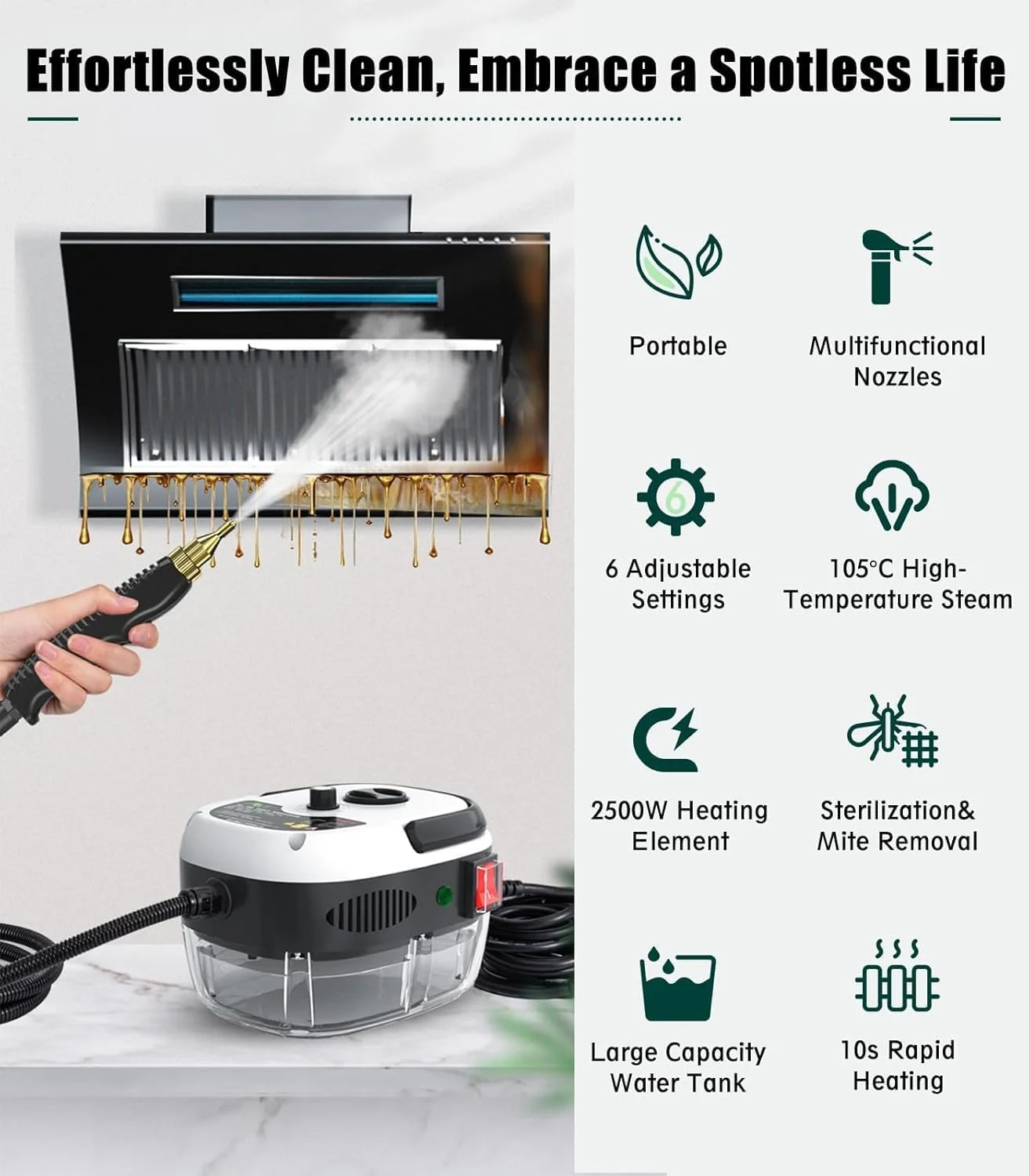 دستگاه بخارشوی خانگی، 2500 وات، دمای بالا و فشار قوی، طراحی آسان برای نگهداری و ضد نشت، مناسب برای استفاده در منزل، ایده آل برای آشپزخانه، کاشی و سرامیک (سفید)