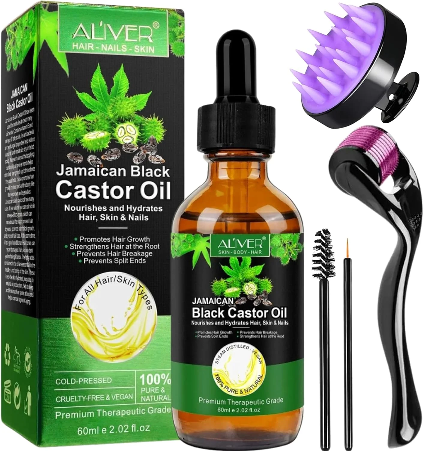 روغن کرچک NIKITA.VIVI برای رشد مو به همراه غلتک میکرونیدل و ماساژور پوست سر (60 میلی لیتر)، روغن کرچک سیاه جامائیکایی پرس سرد 100% ارگانیک برای رشد مو، ابرو، مژه و ریش