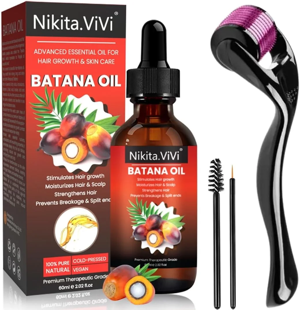 روغن باتانا نیکیتای ویوی برای رشد مو به همراه میکرونیدل رولر (60 میلی لیتر) 100% خالص ارگانیک پرس سرد روغن باتانا خام برای رشد مو، ابرو، مژه و ریش، روغن های باتاناس، ترمیم موهای آسیب دیده، تغذیه پوست سر