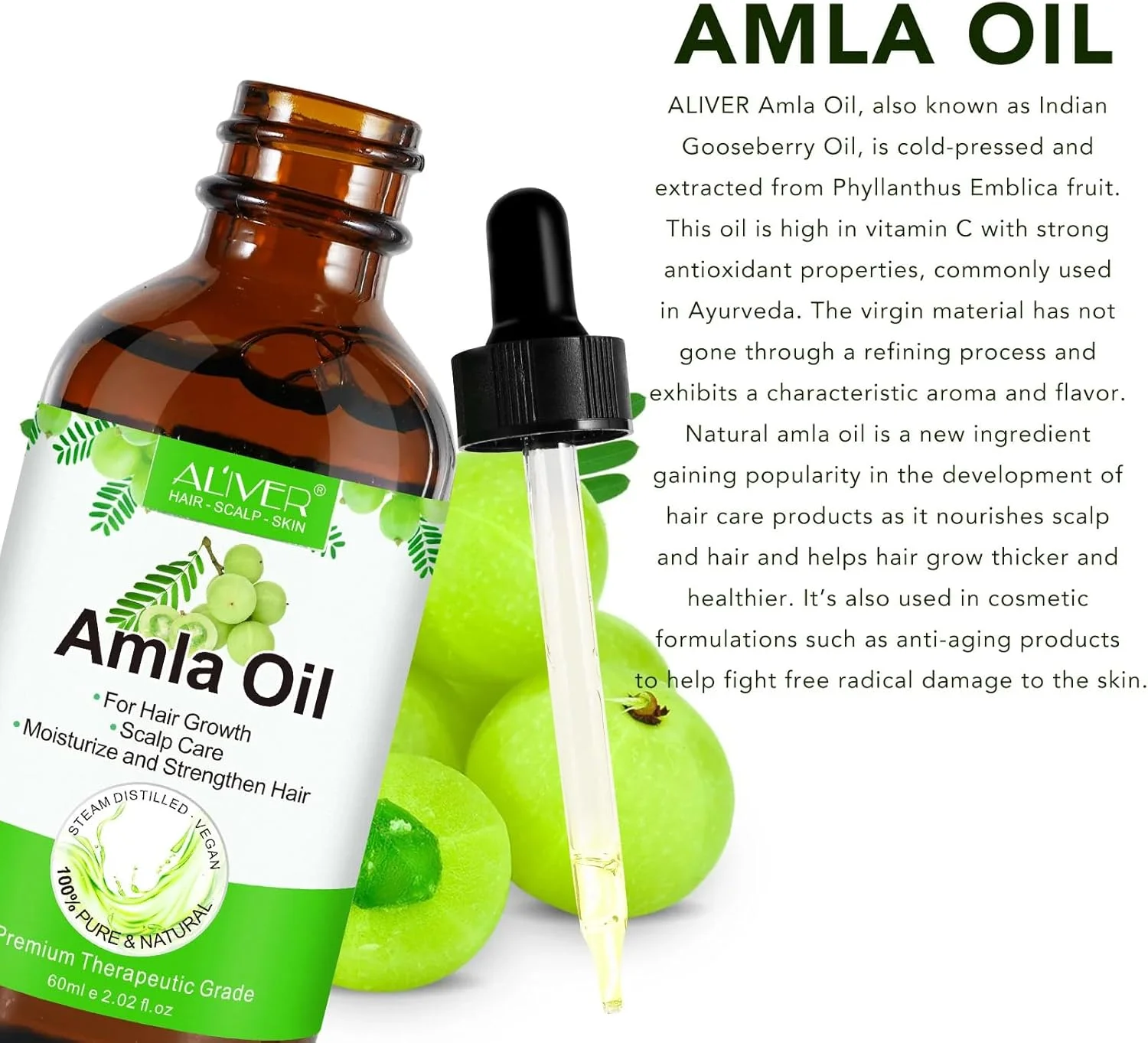 روغن آملا NIKITA.VIVI با ماساژور پوست سر (60 میلی لیتر) | 100% روغن آملا طبیعی و خالص | روغن آملا با پرس سرد برای رشد مو | مرطوب کننده، تقویت کننده و سالم کننده مو | روغن های مغذی برای درمان پوست سر