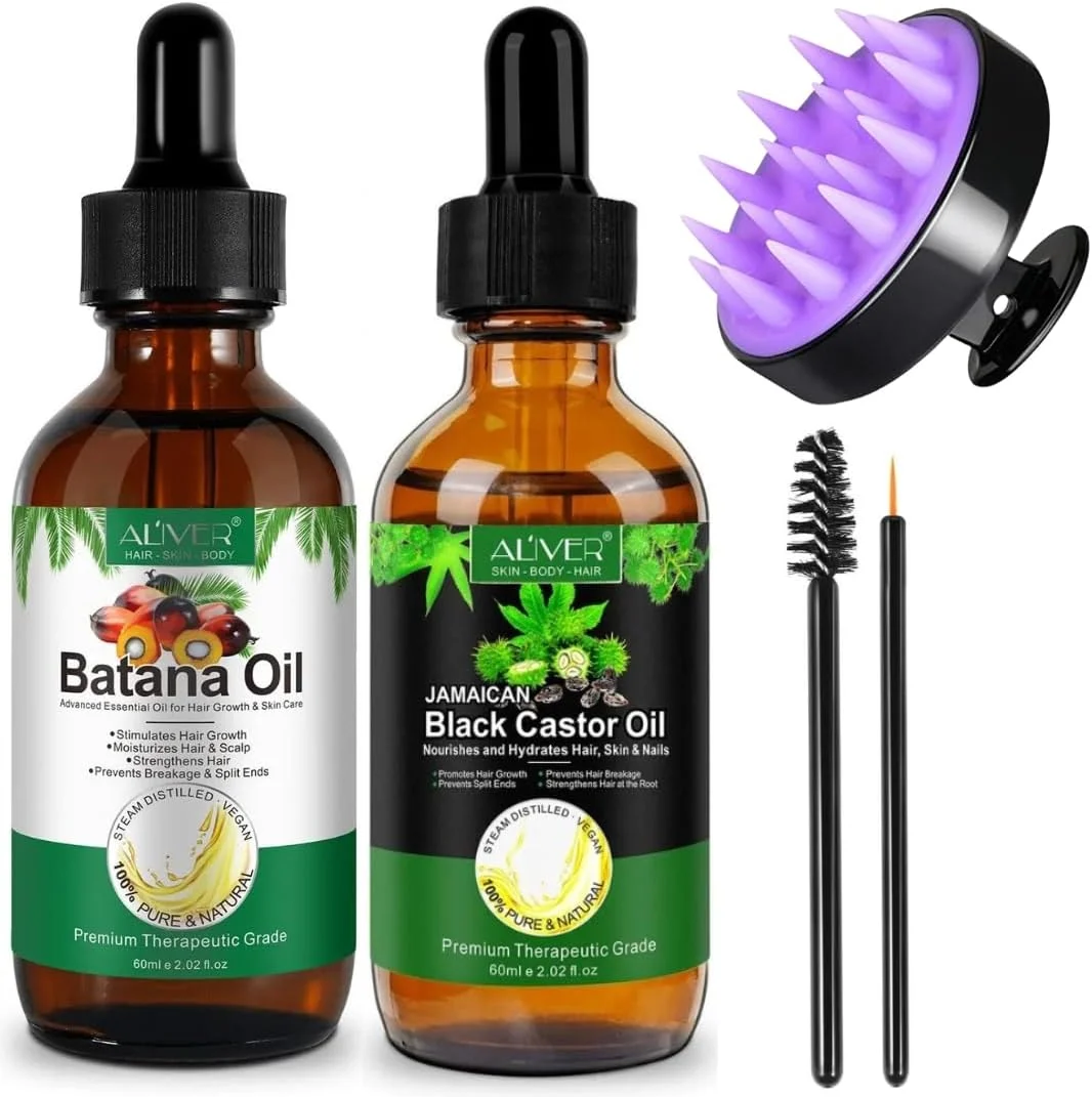 NIKITA.VIVI - Batana Oil & Castor Oil for Hair Growth with Hair Scalp Massager (2x60ml) |100% Natural Raw Batana Oil & Organic Cold Pressed Jamaican Black Castor Oil for Hair Eyelash & Eyebrow Growth