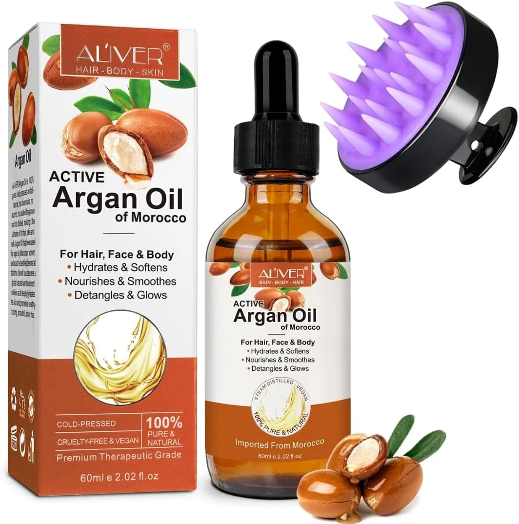 NIKITA.VIVI - روغن آرگان با ماساژور پوست سر (60 میلی لیتر) | روغن آرگان ارگانیک 100% خالص مراکشی برای رشد مو، صورت و بدن | روغن آرگان فعال فشرده سرد مراکش | درمان مو و پوست آسیب دیده و خشک