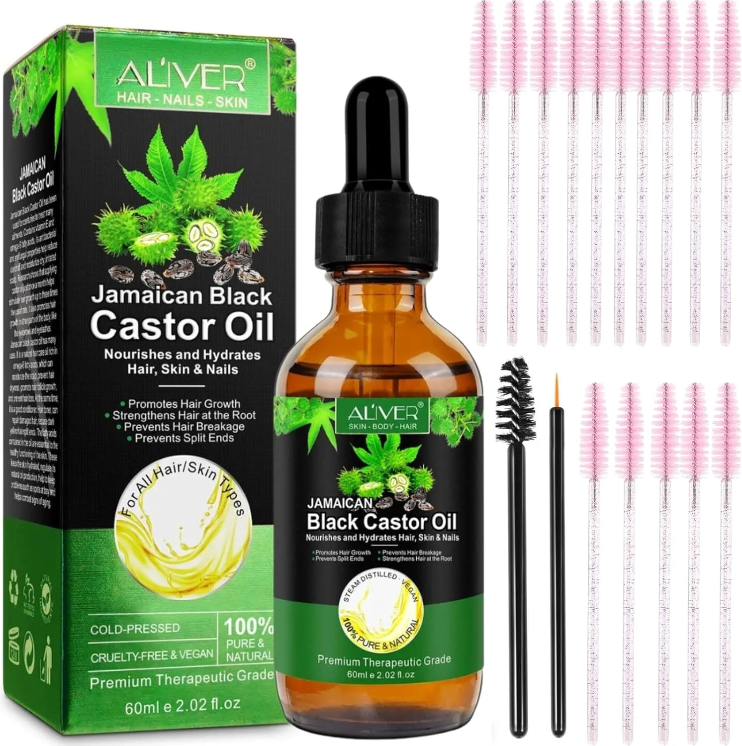 روغن کرچک ارگانیک NIKITA.VIVI به همراه 15 عدد برس ریمل 60 میلی لیتر | روغن کرچک 100% خالص با پرس سرد برای رشد پوست، ناخن، مو، ابرو و مژه | سرم رشد مژه و ابرو به همراه 15 عدد برس ریمل