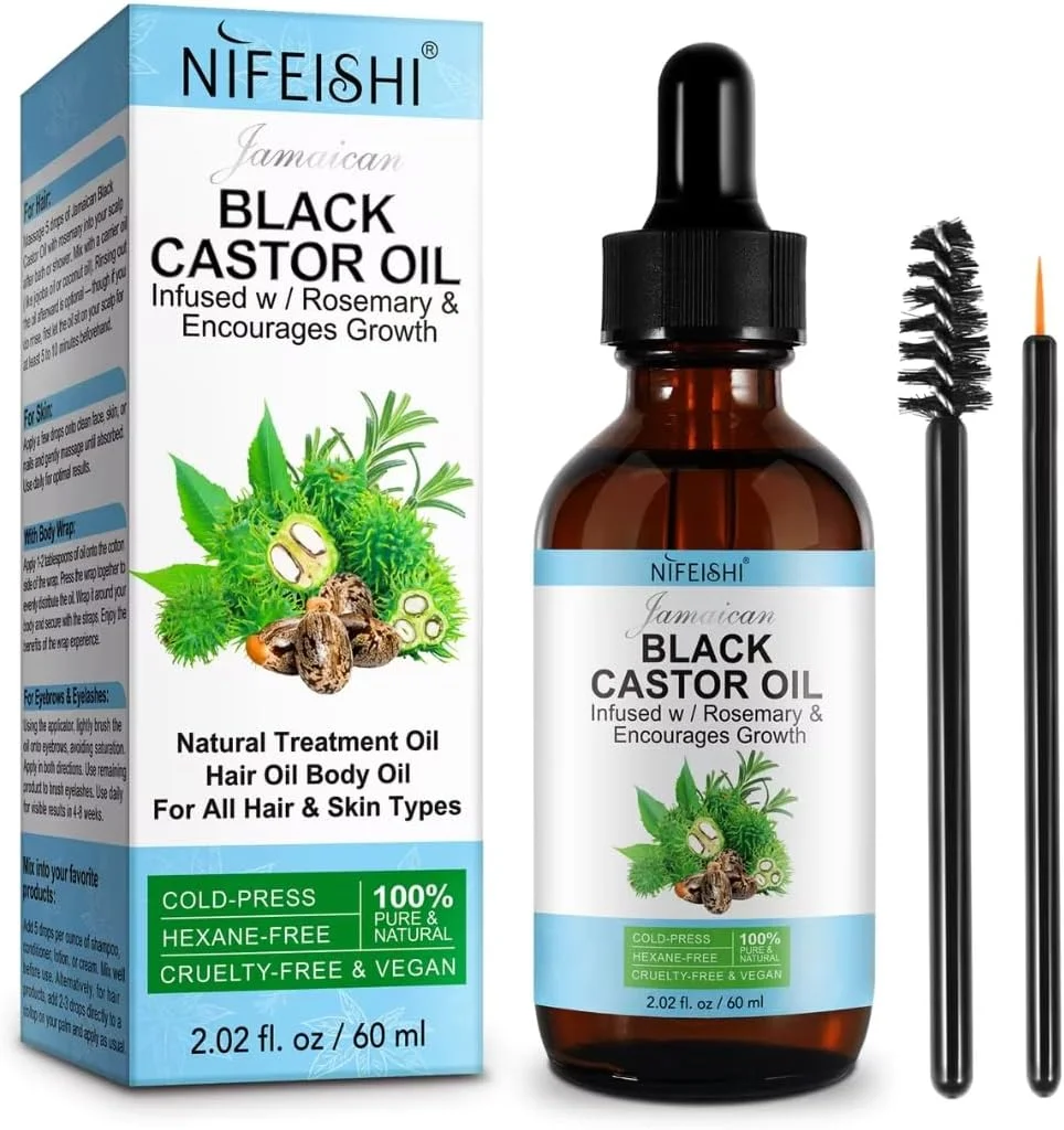 روغن کرچک سیاه جامائیکایی نیکیتا ویوی با رزماری برای رشد مو 60 میلی لیتر | 100% خالص ارگانیک پرس سرد برای رشد مژه، ابرو، مراقبت از بدن و پوست