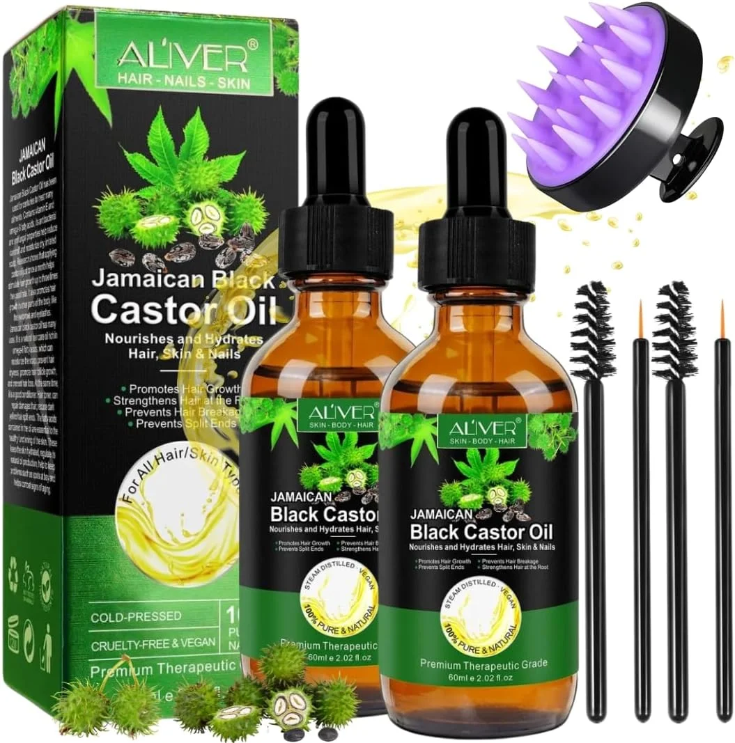 روغن کرچک ارگانیک NIKITA.VIVI به همراه ماساژور پوست سر برای رشد مو (2x60ml)، روغن کرچک 100% خالص با پرس سرد برای پوست، ناخن، رشد مو، ابرو و مژه، رویش مجدد مو و جلوگیری از ریزش مو