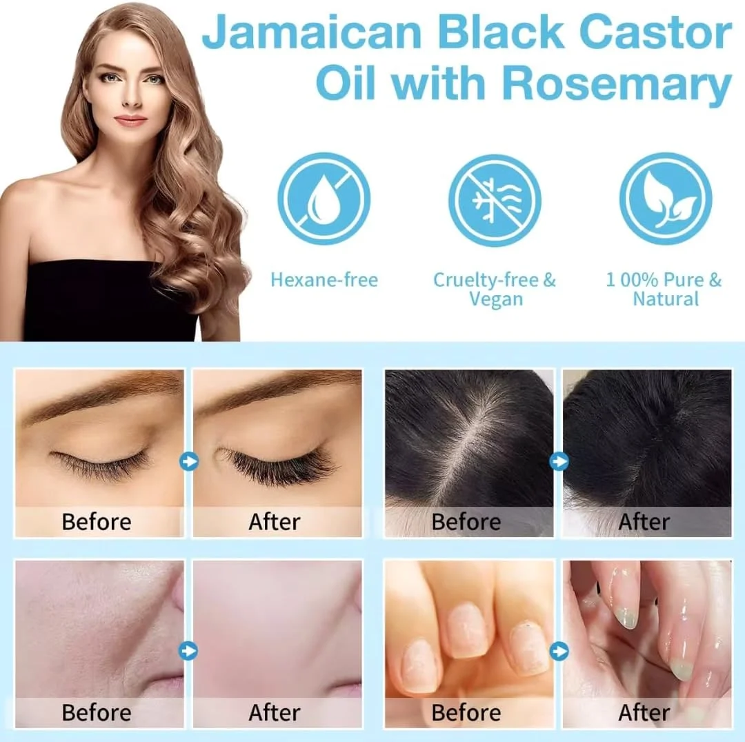 روغن کرچک سیاه جامائیکایی نیکیتا ویوی با رزماری برای رشد مو 60 میلی لیتر | 100% خالص ارگانیک پرس سرد برای رشد مژه، ابرو، مراقبت از بدن و پوست