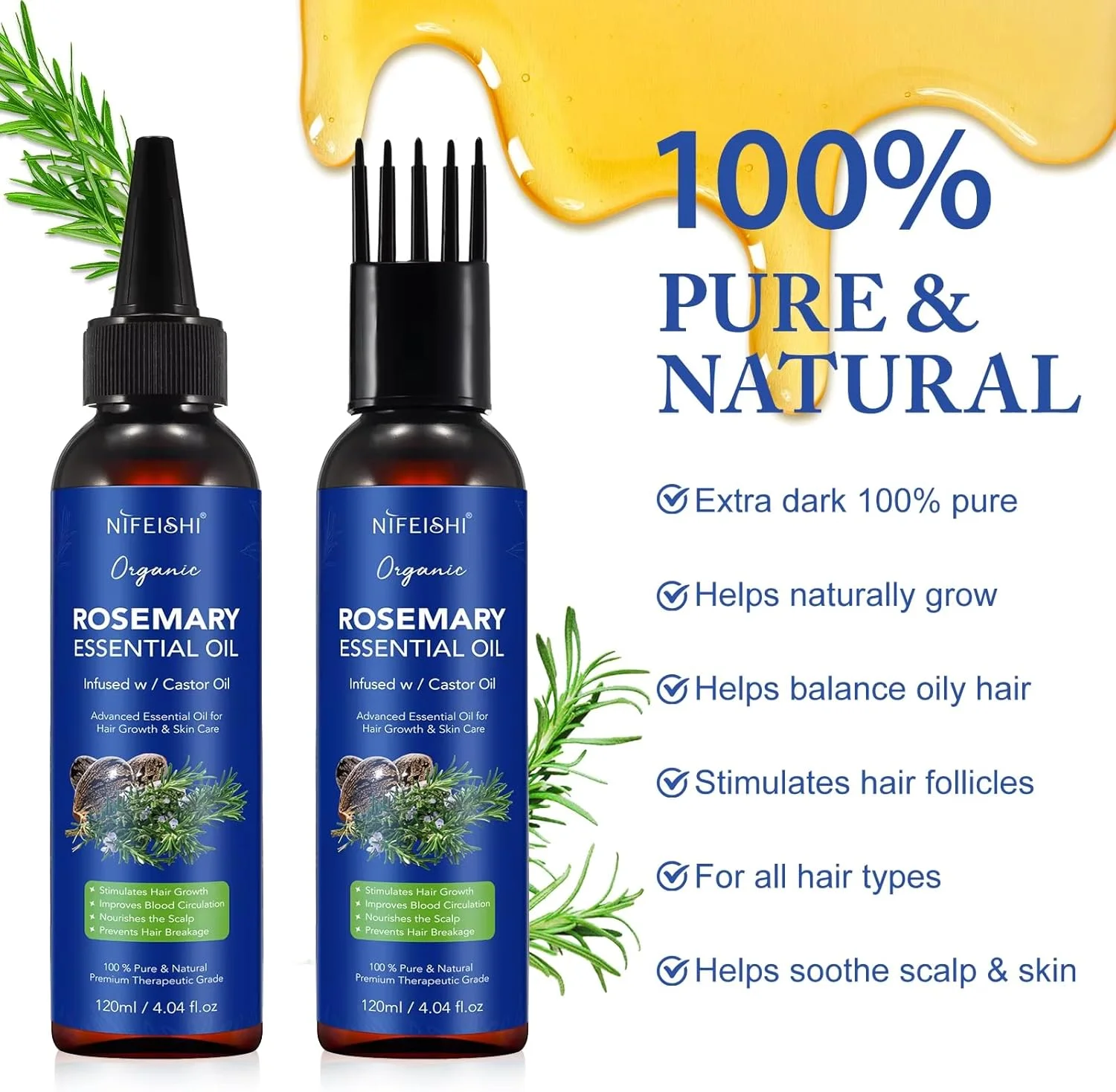 روغن رزماری و کرچک NIKITA.VIVI برای رشد مو و مراقبت از پوست 120 میلی لیتر، 100% خالص و ارگانیک، غنی شده با روغن رزماری، بهبود گردش خون، تغذیه پوست سر و جلوگیری از شکستگی مو