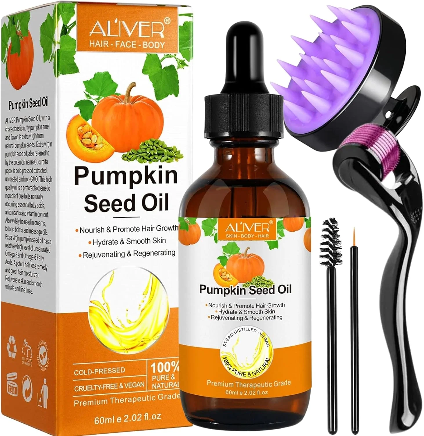 روغن دانه کدو تنبل نیکتا ویوی برای رشد مو به همراه غلطک میکرونیدل و ماساژور پوست سر (60 میلی لیتر) | 100% ارگانیک پرس سرد برای سرم رشد ابرو، مژه و ریش