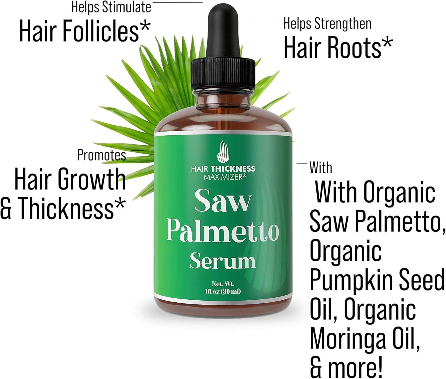 سرم نخل اره ای ارگانیک از Hair Thickness Maximizer - بهترین درمان برای موهای نازک با روغن تخم کدو، مورینگا و بائوباب (30 میلی لیتر)