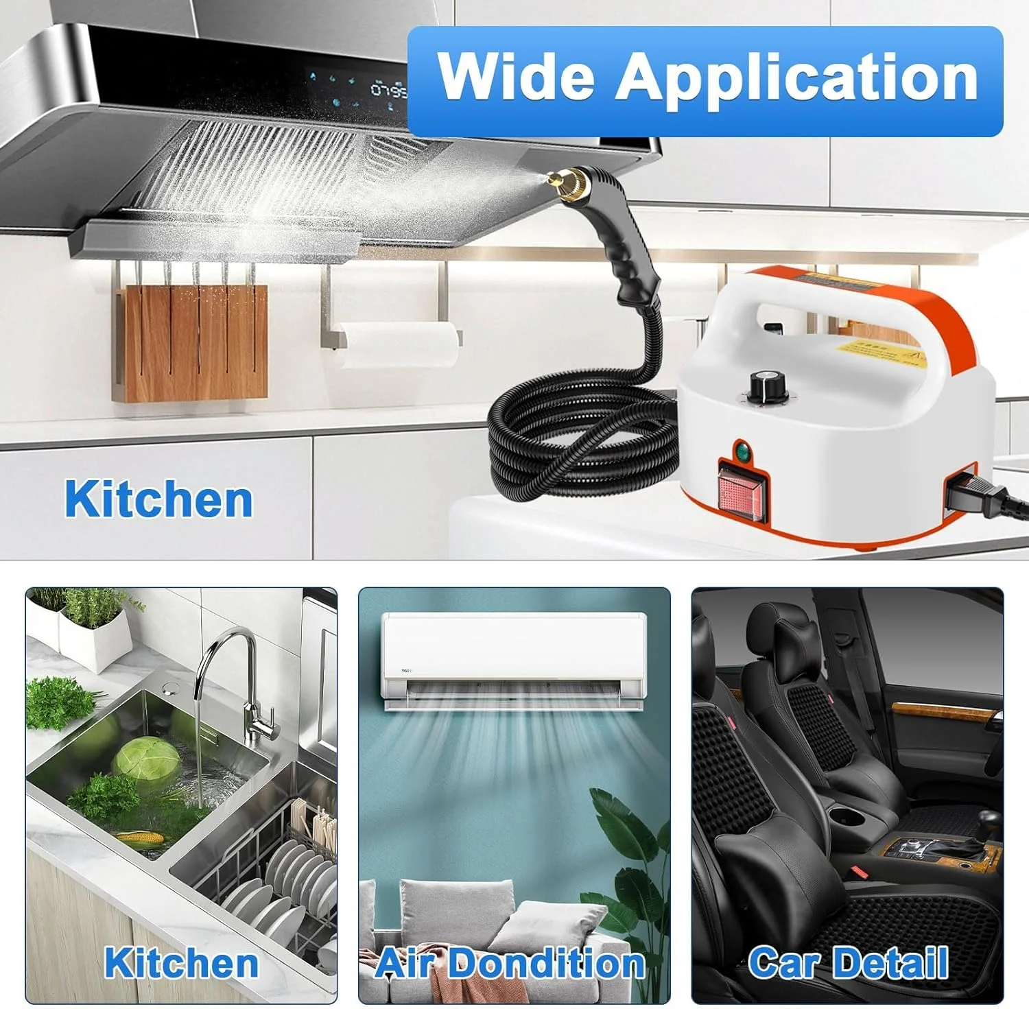 KASTWAVE Portable Steam Cleaner, High Temperature Steamer for Cleaning Bed Bugs, steam cleaner for mattress, Car Detailing, Couch,Furniture, Upholstery, Kitchen, Bathroom, Grout and Tile