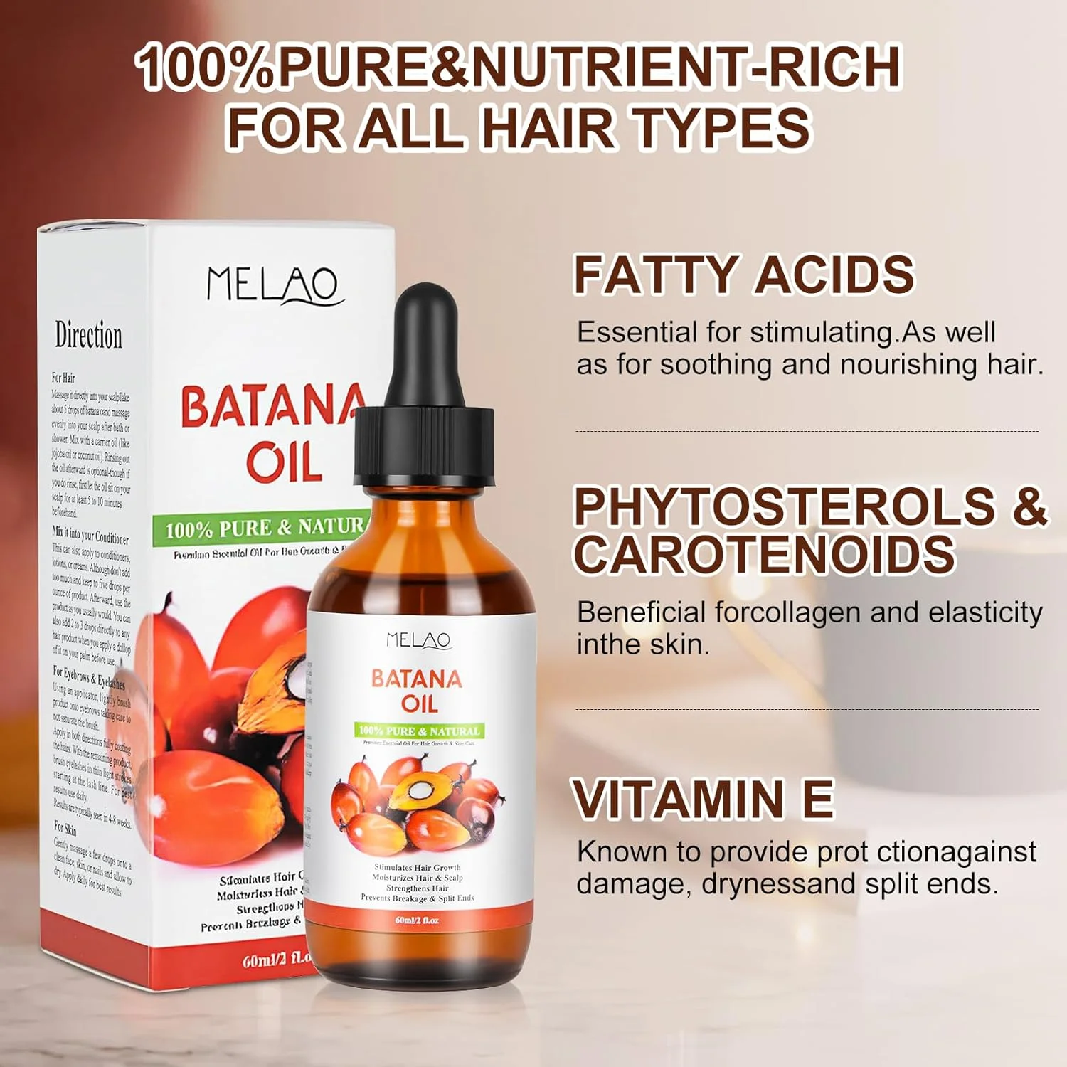 روغن باتانا ارگانیک MELAO برای رشد مو، روغن باتانا 100% خالص و طبیعی برای مرطوب کردن و ترمیم موهای خشک و آسیب دیده و مراقبت از پوست، روغن پرس سرد، ایده آل برای آقایان و بانوان | 60 میلی لیتر (2.02 اونس)