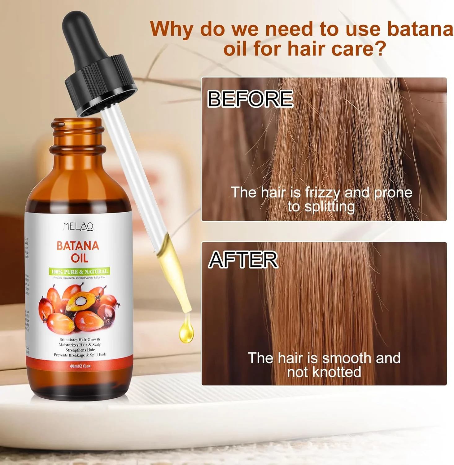 روغن باتانا ارگانیک MELAO برای رشد مو، روغن باتانا 100% خالص و طبیعی برای مرطوب کردن و ترمیم موهای خشک و آسیب دیده و مراقبت از پوست، روغن پرس سرد، ایده آل برای آقایان و بانوان | 60 میلی لیتر (2.02 اونس)