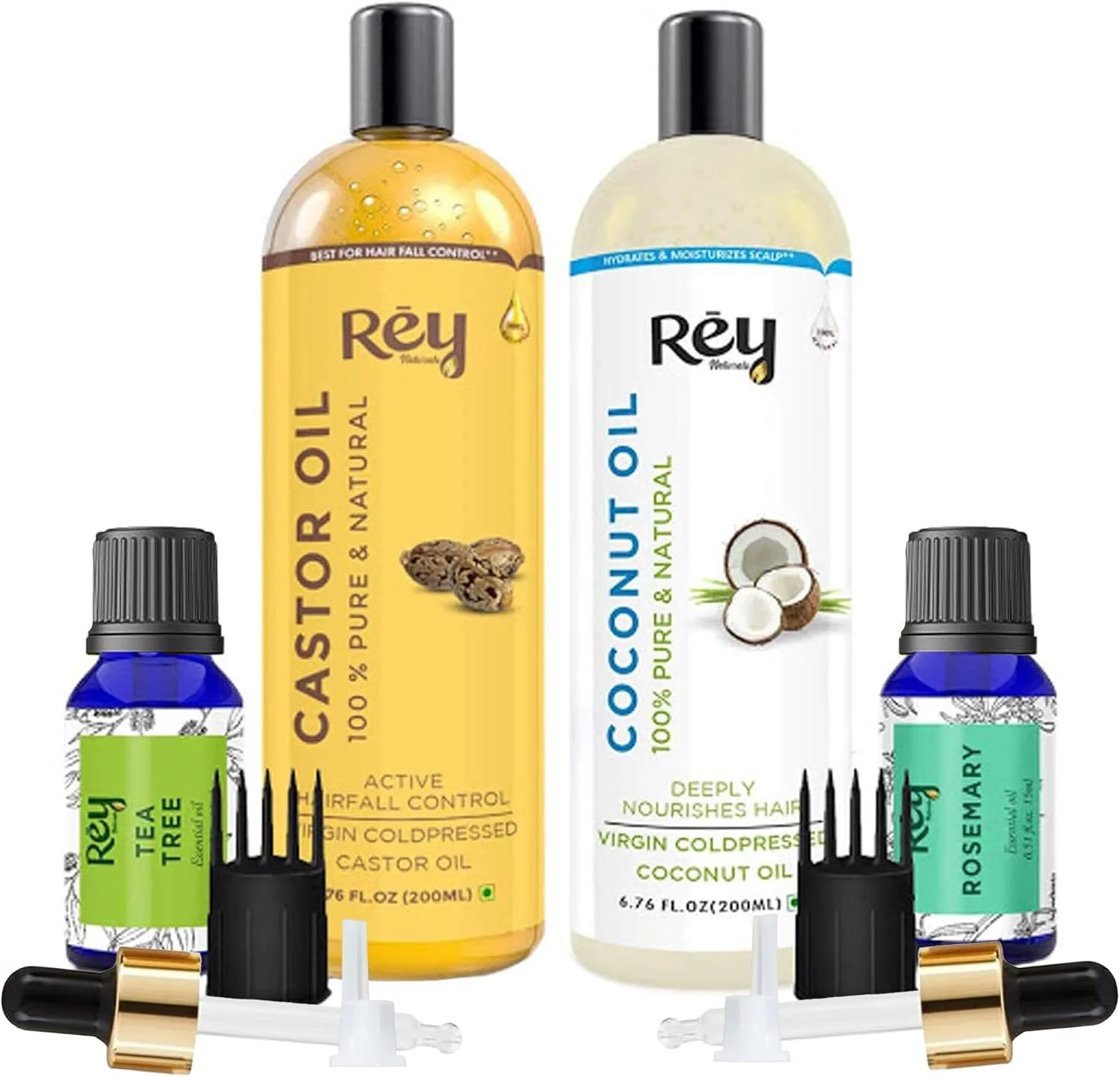 مجموعه روغن مو ری نچرالز / کیت مراقبت از مو (روغن کرچک + روغن نارگیل + روغن درخت چای + روغن رزماری) کنترل ریزش مو - برای موهای سالم - بدون روغن معدنی، سیلیکون و رایحه مصنوعی