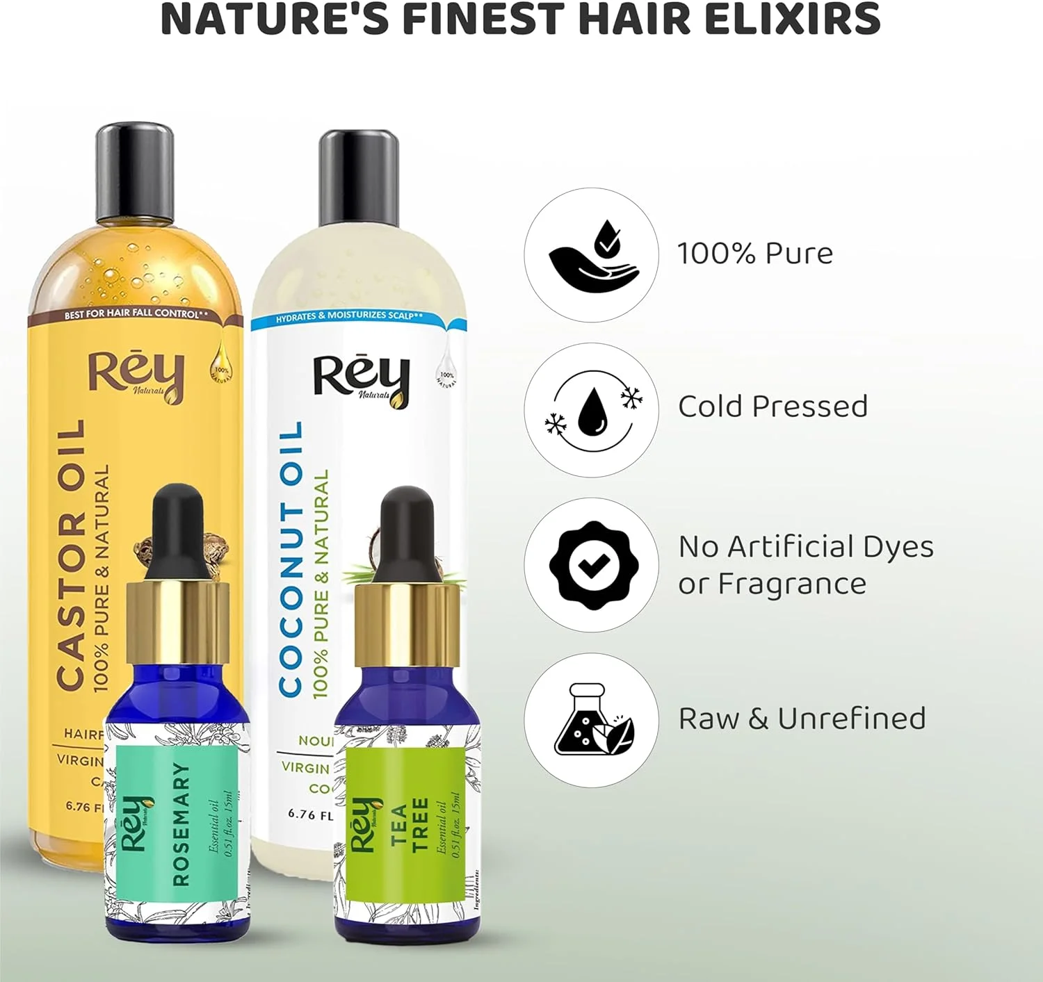 مجموعه روغن مو ری نچرالز / کیت مراقبت از مو (روغن کرچک + روغن نارگیل + روغن درخت چای + روغن رزماری) کنترل ریزش مو - برای موهای سالم - بدون روغن معدنی، سیلیکون و رایحه مصنوعی