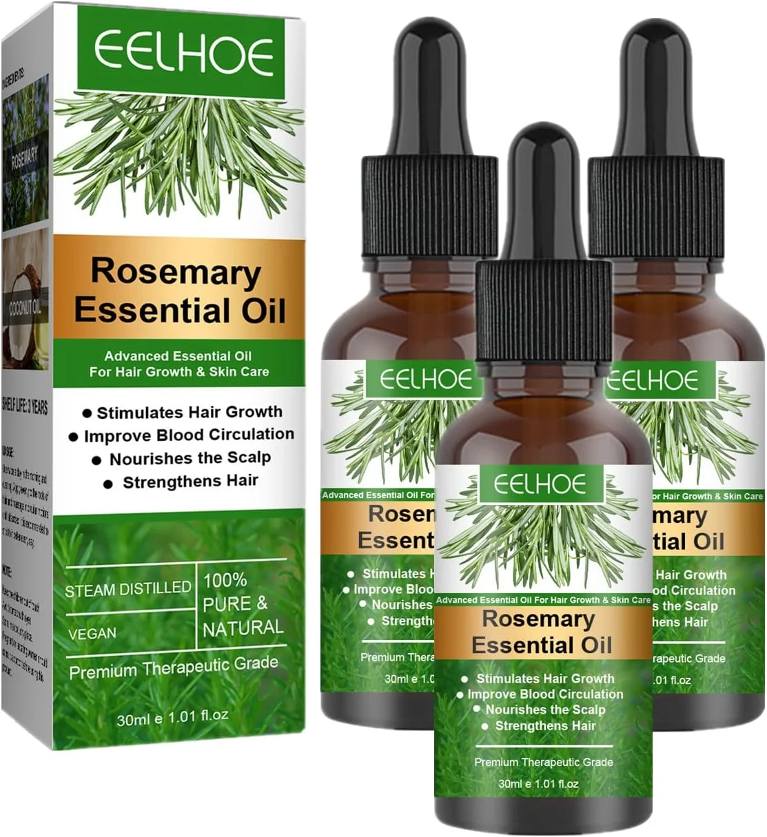 روغن رزماری خالص - روغن رزماری 30 میلی لیتری برای رشد مو، روغن رزماری مو، روغن های ضروری رزماری برای موهای خشک و آسیب دیده و افزایش درخشندگی (3 عدد)