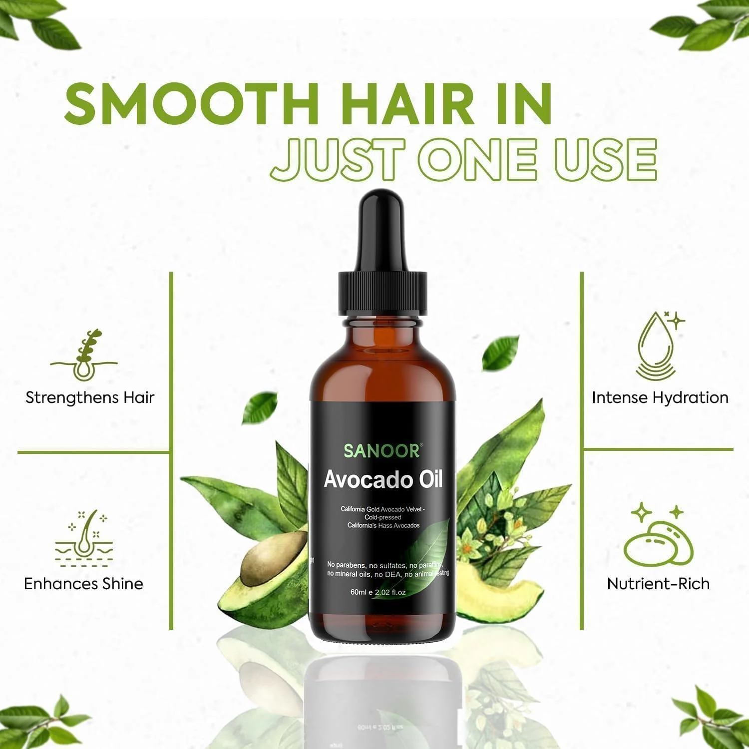 روغن آووکادو طلایی کالیفرنیا SANOOR | 100% خالص (60 میلی لیتر) | غنی شده با مواد مغذی، کره موی خالص | پرس سرد | تایید شده توسط سازمان غذا و دارو