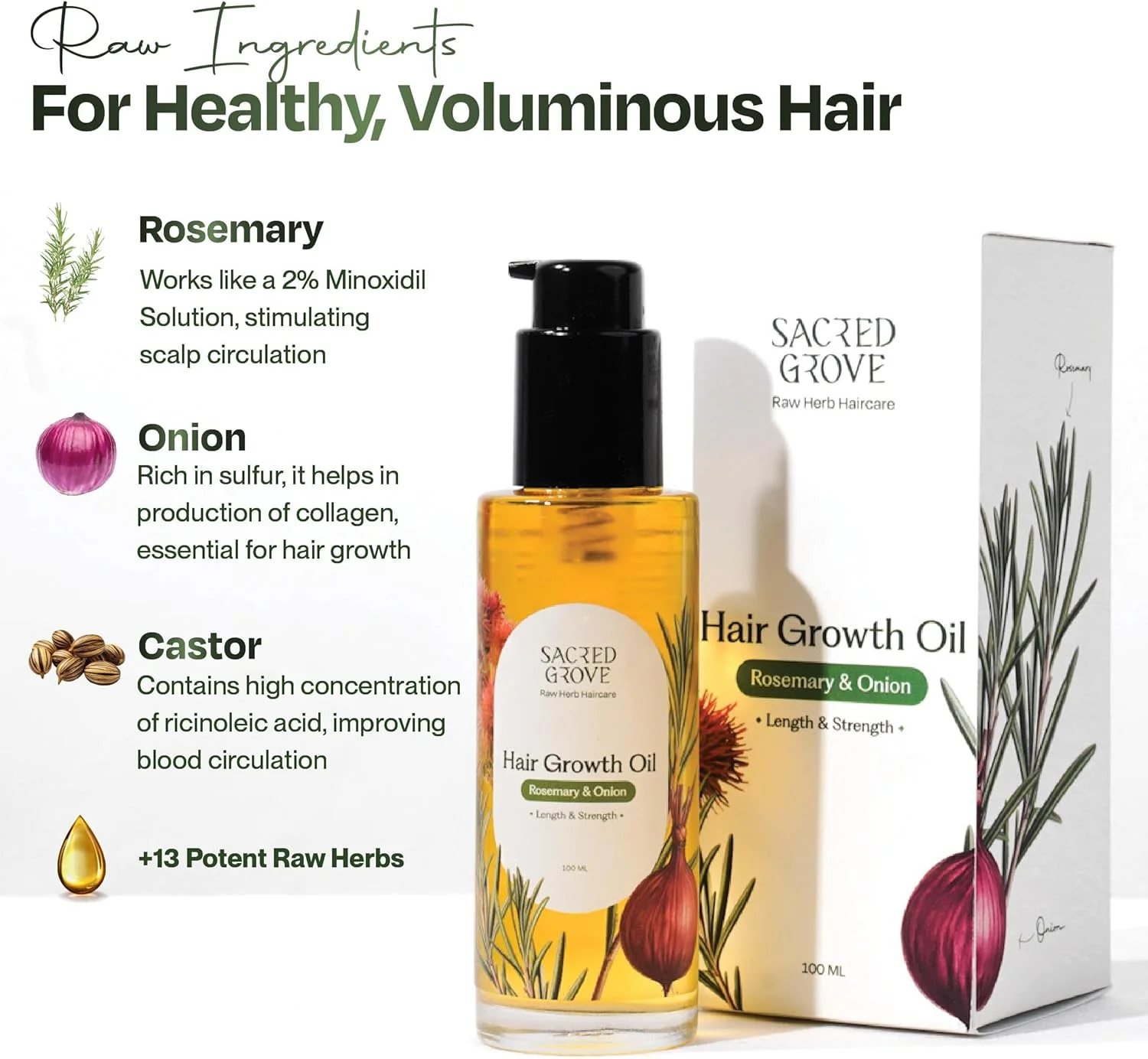 روغن تقویت کننده مو رزماری و کرچک Sacred Grove | محرک ریشه مو برای رشد مو | مناسب برای انواع مو و گروه های سنی | 100 میلی لیتر