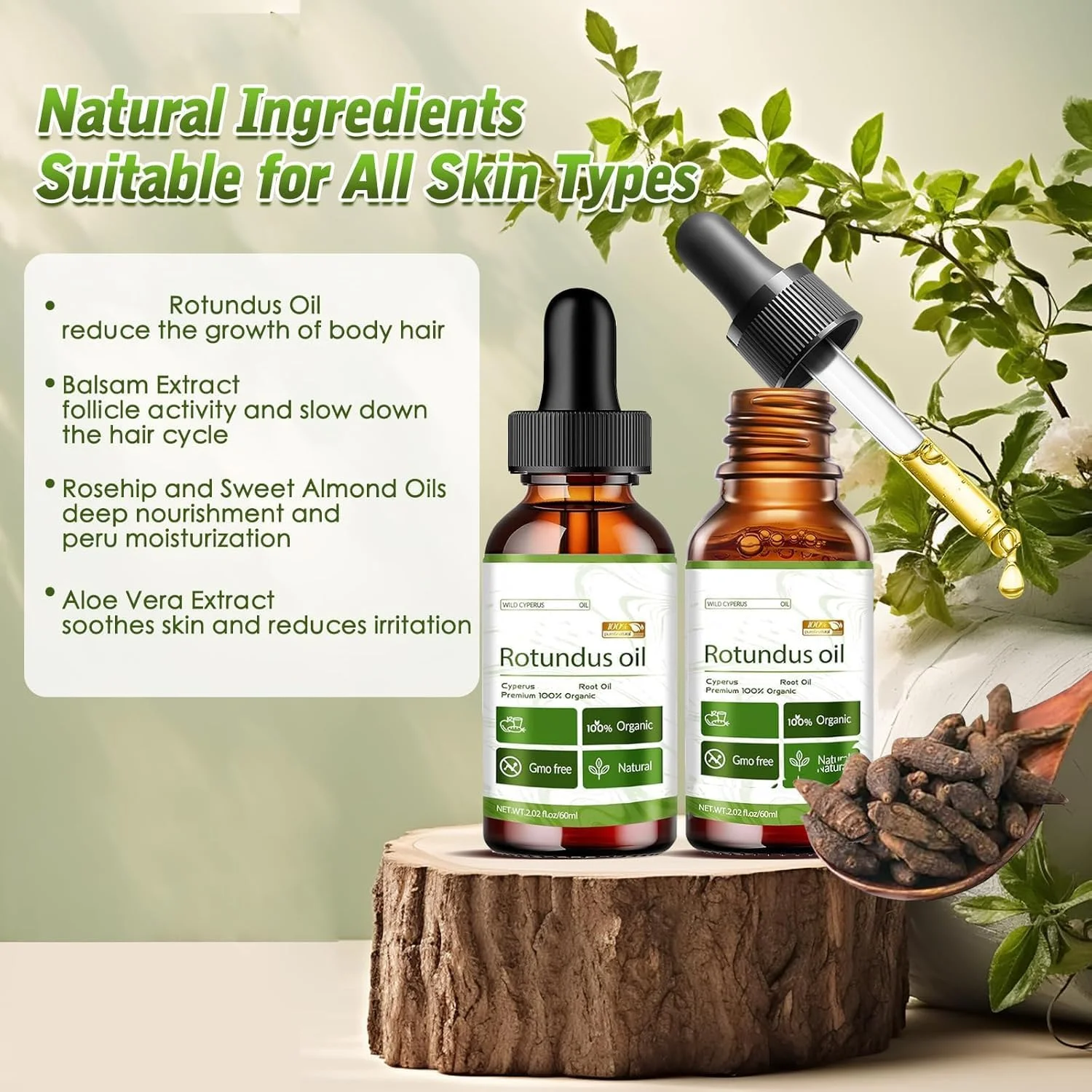 روغن روتوندوس برای رفع موهای زائد، روغن قبرس 100% طبیعی برای کاهش رشد مو و تسکین پوست، سرم ملایم مهار کننده مو برای آقایان و بانوان