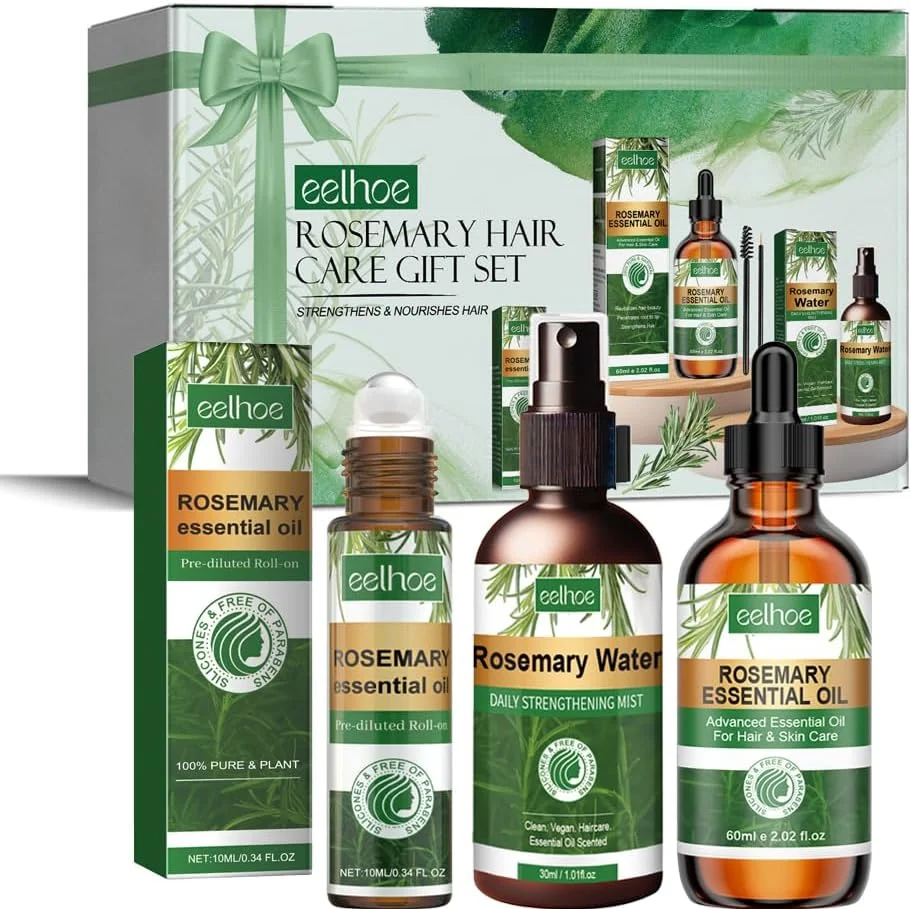 مجموعه تقویت کننده مو رزماری، شامل روغن رشد مو، اسپری و سرم غلطکی برای موهای ضخیم تر و پرپشت تر، مناسب برای انواع مو، تقویت کننده رشد سالم مو برای آقایان و بانوان