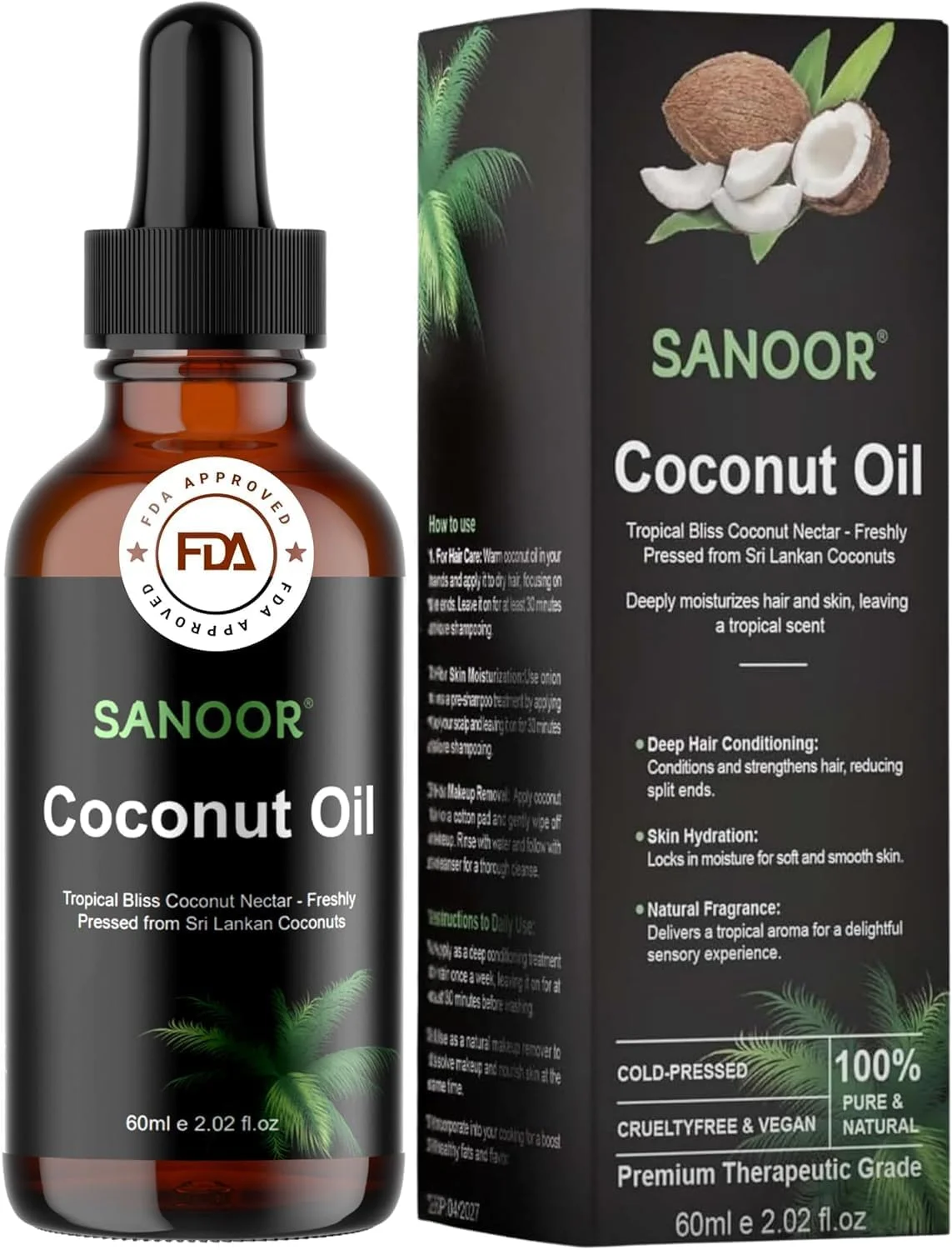 SANOOR Tropical Bliss Coconut Oil Nectar | 100% Pure (2.02oz)| Infused with Nutrients Pure Hair Butter | Cold-pressed | FDA APPROVED | 60ml