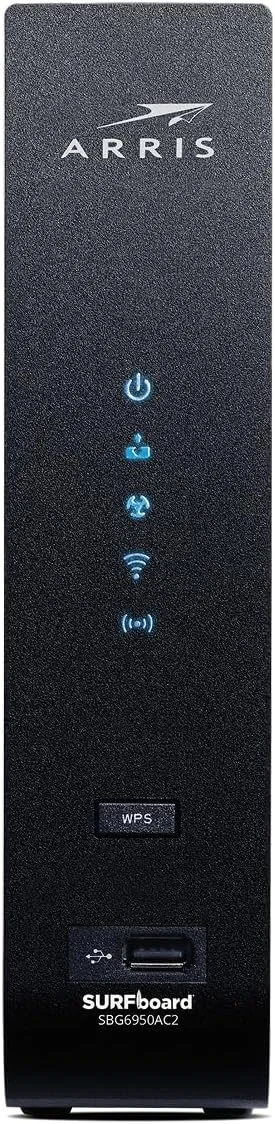 مودم کابلی ARRIS Surfboard SBG6950AC2 DOCSIS 3.0 و روتر وای فای AC1900، تایید شده برای Comcast Xfinity، Cox، Charter Spectrum و غیره، دارای چهار پورت 1 گیگابیت بر ثانیه، حداکثر سرعت اینترنت 400 مگابیت بر ثانیه