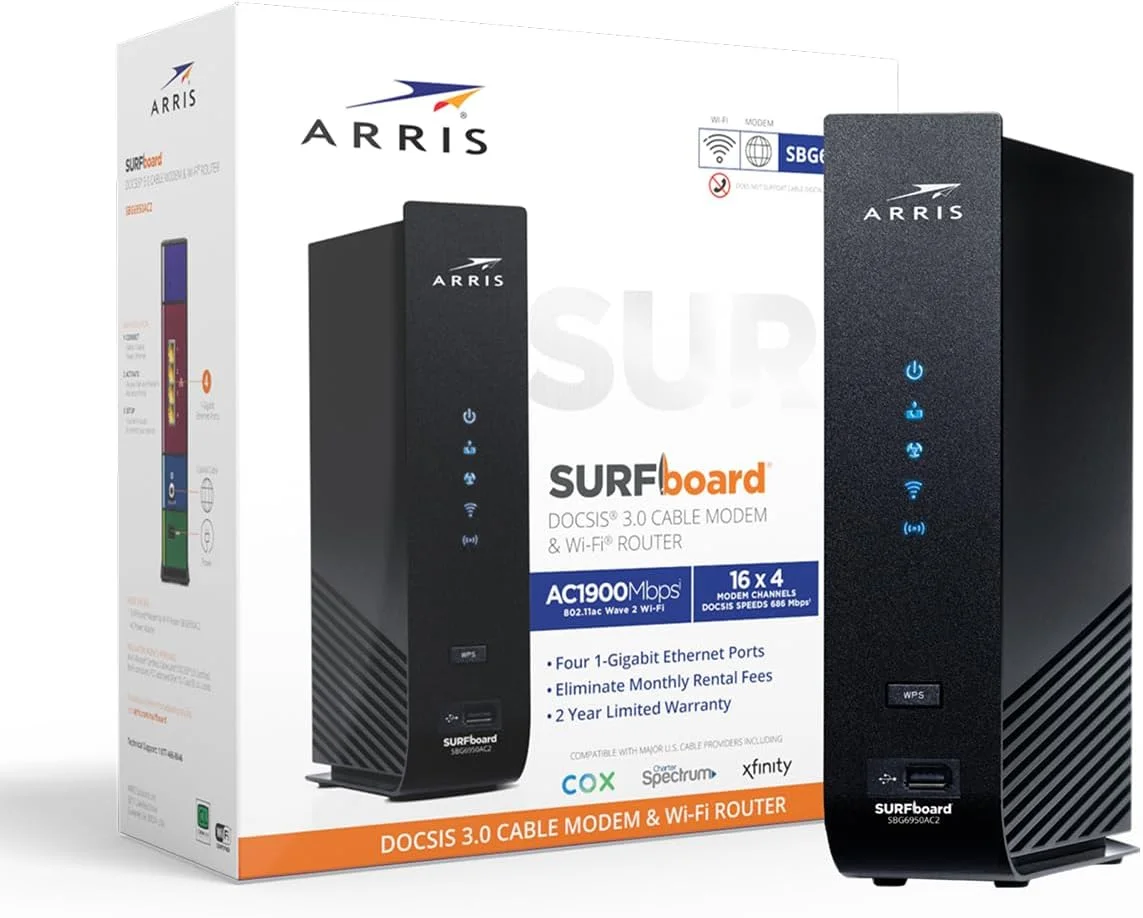مودم کابلی ARRIS Surfboard SBG6950AC2 DOCSIS 3.0 و روتر وای فای AC1900، تایید شده برای Comcast Xfinity، Cox، Charter Spectrum و غیره، دارای چهار پورت 1 گیگابیت بر ثانیه، حداکثر سرعت اینترنت 400 مگابیت بر ثانیه